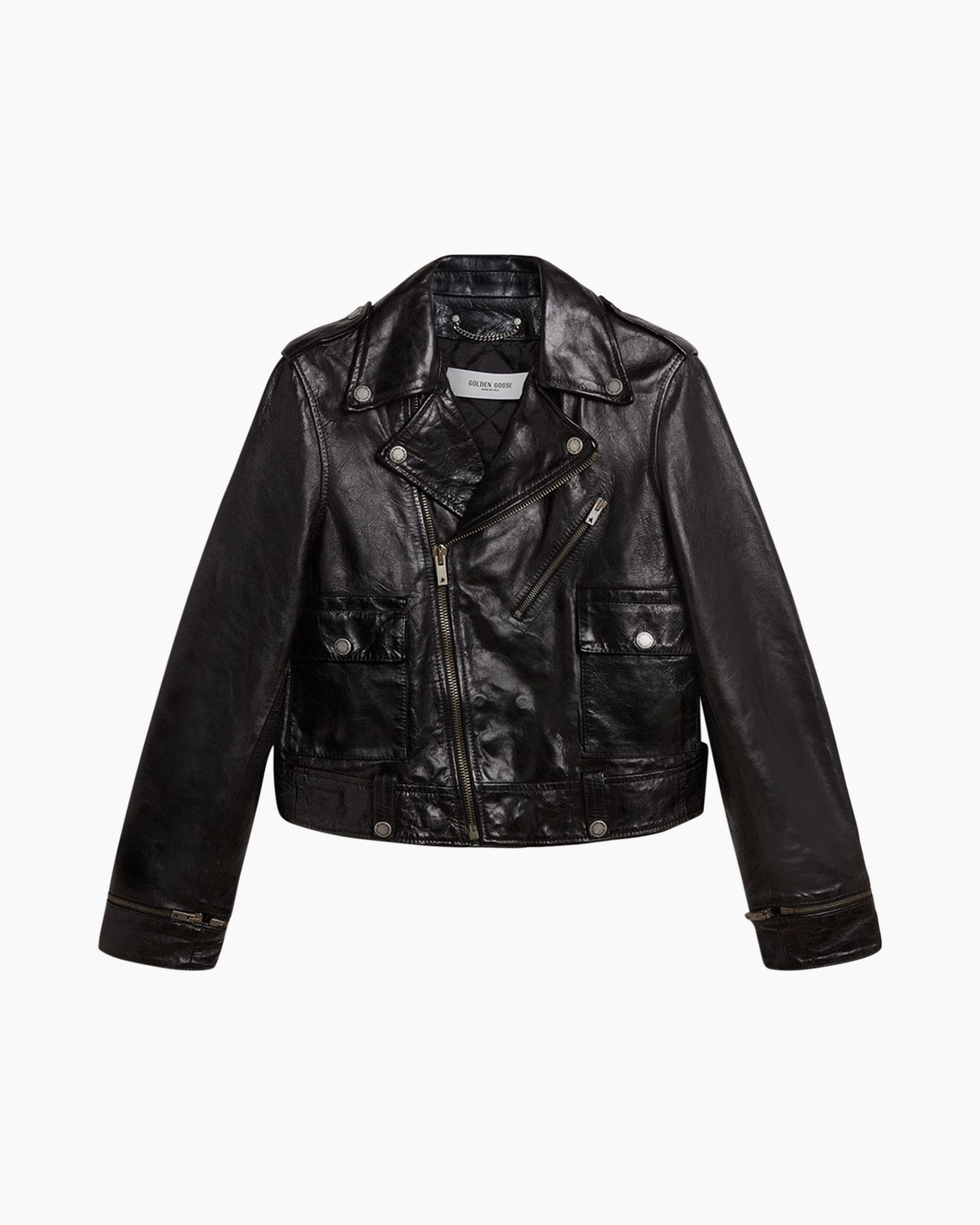 biker jacket, leather jacket, zipper, pocket flap, black