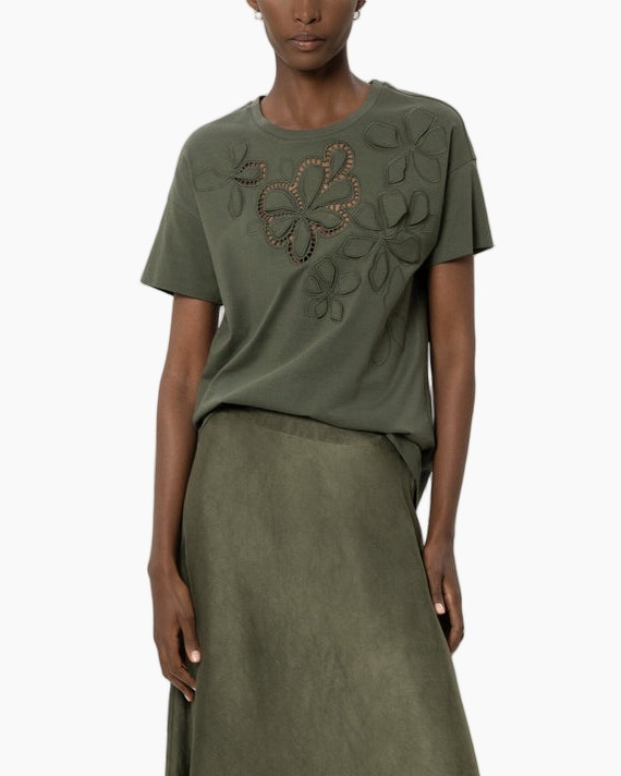 tshirt, olive, embroidery, floral, short-sleeve