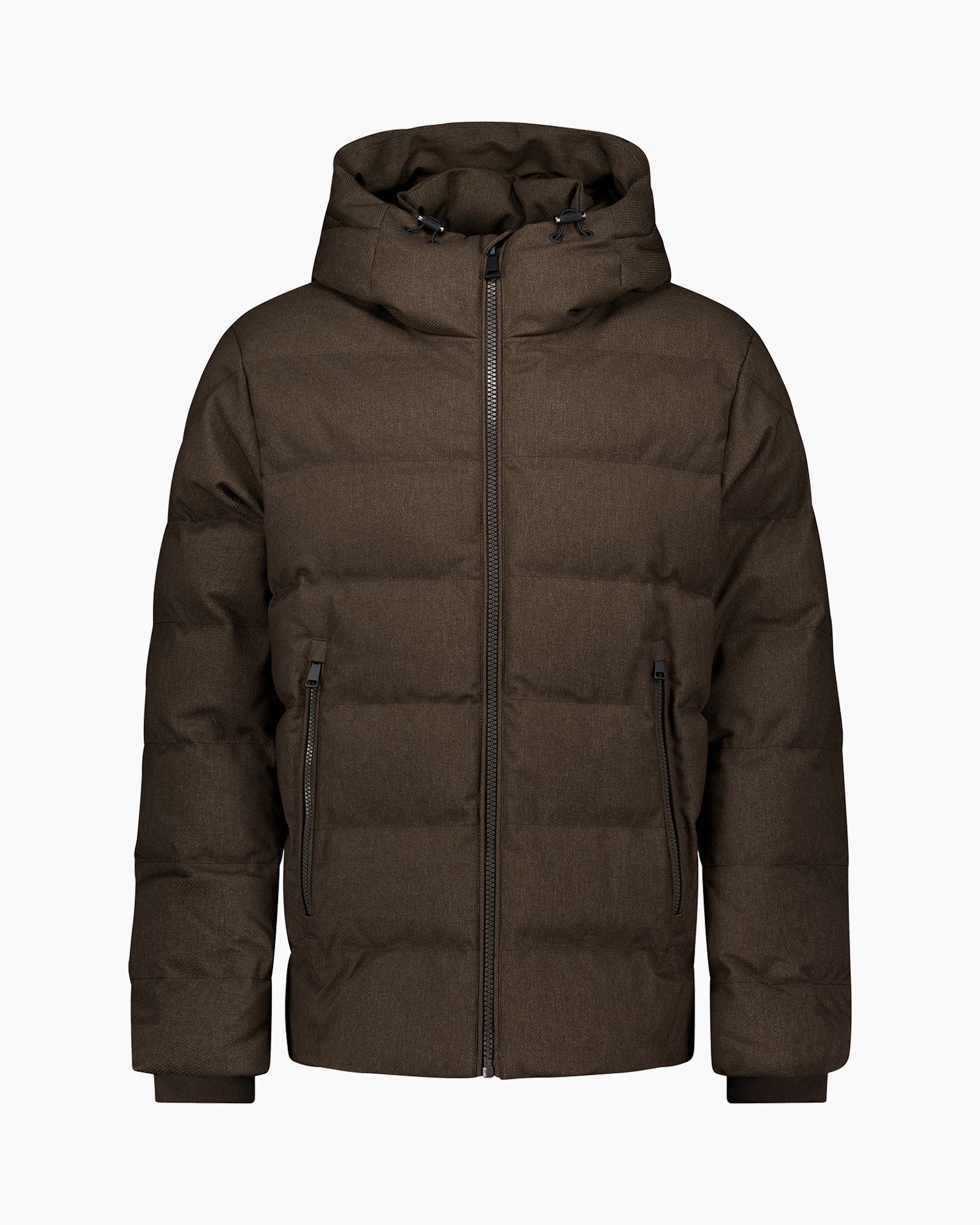 jacket, puffer, hooded, brown, zipper