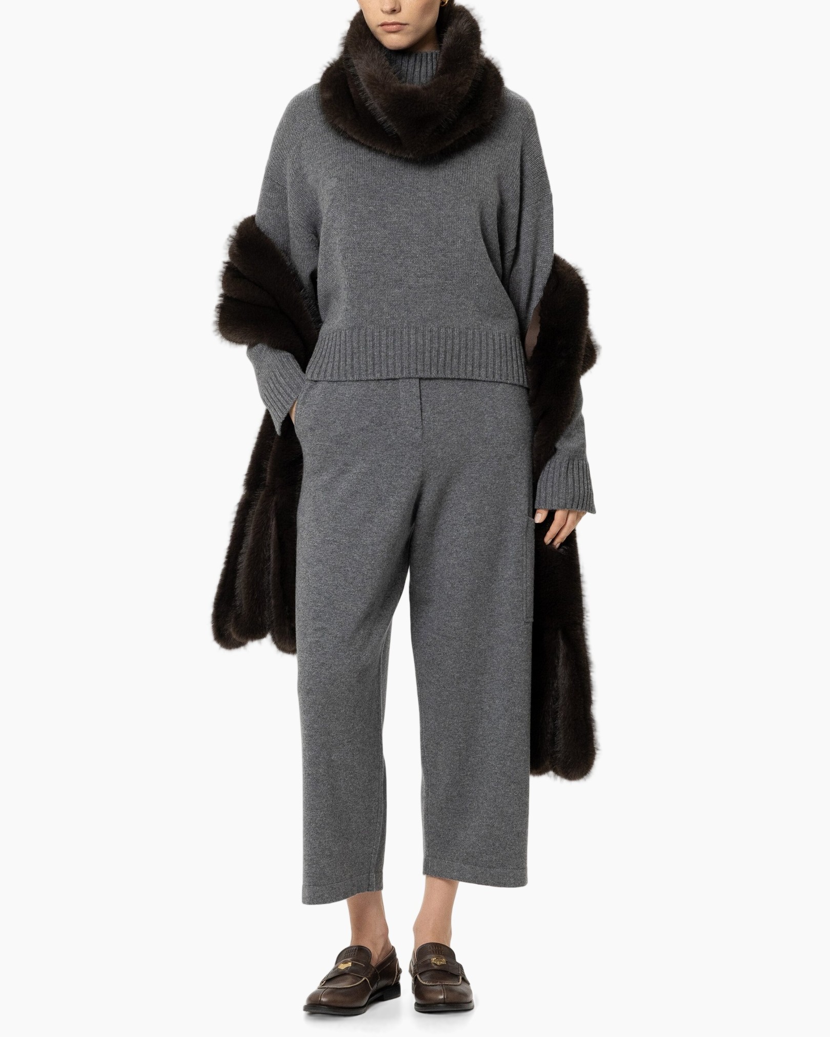 gray knit set, loose sweater, wide-leg pants, scarf, moccasin loafers