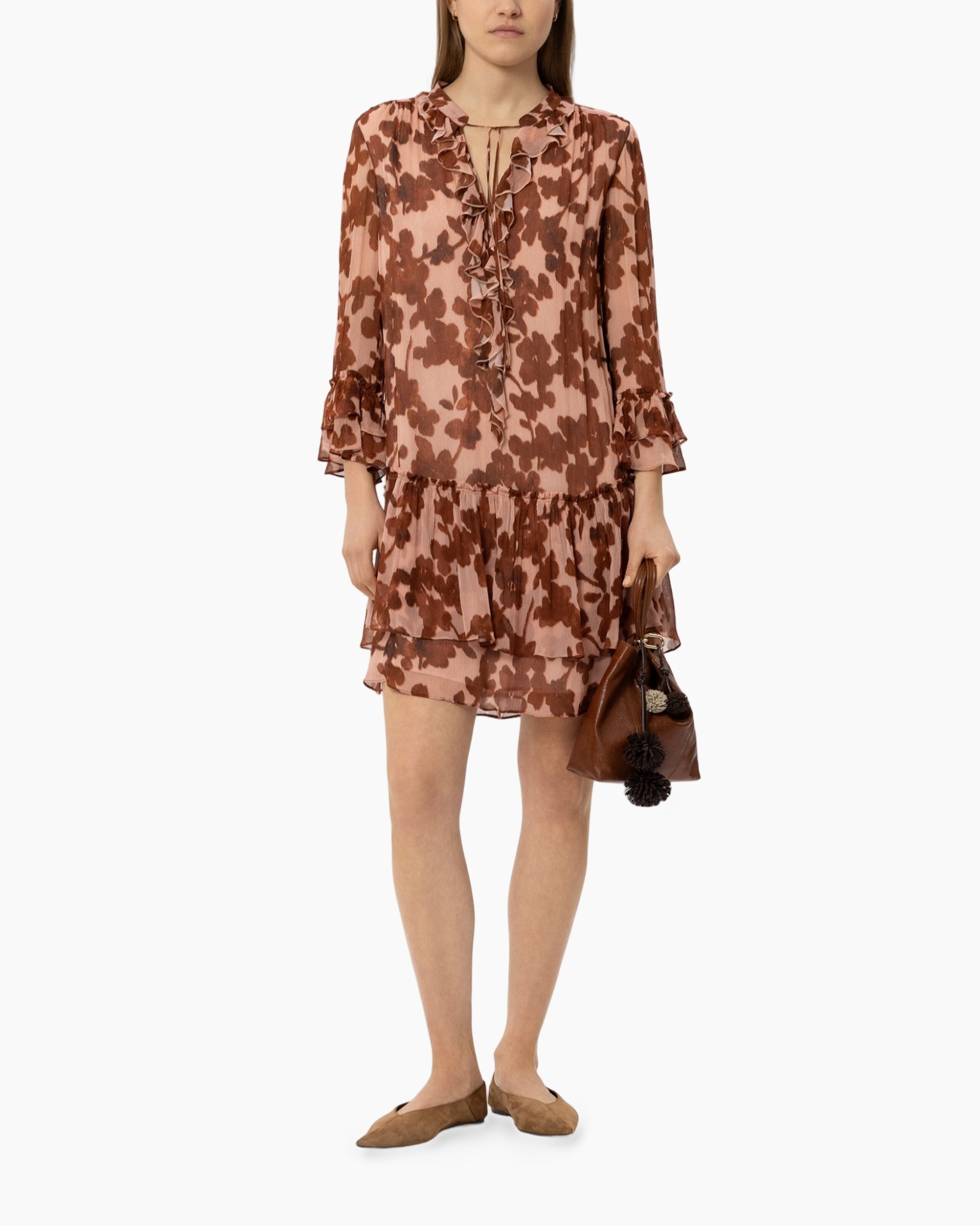 dress, long sleeves, tiered skirt, floral pattern, brown color