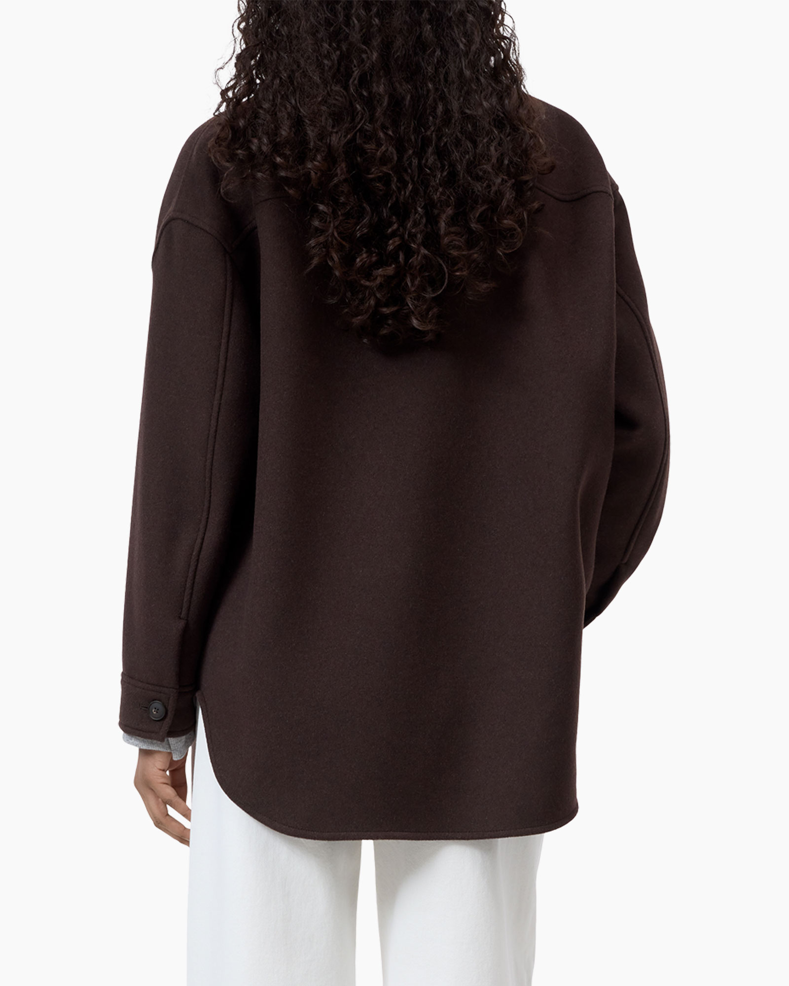 coat, oversized, brown, long sleeve, back view