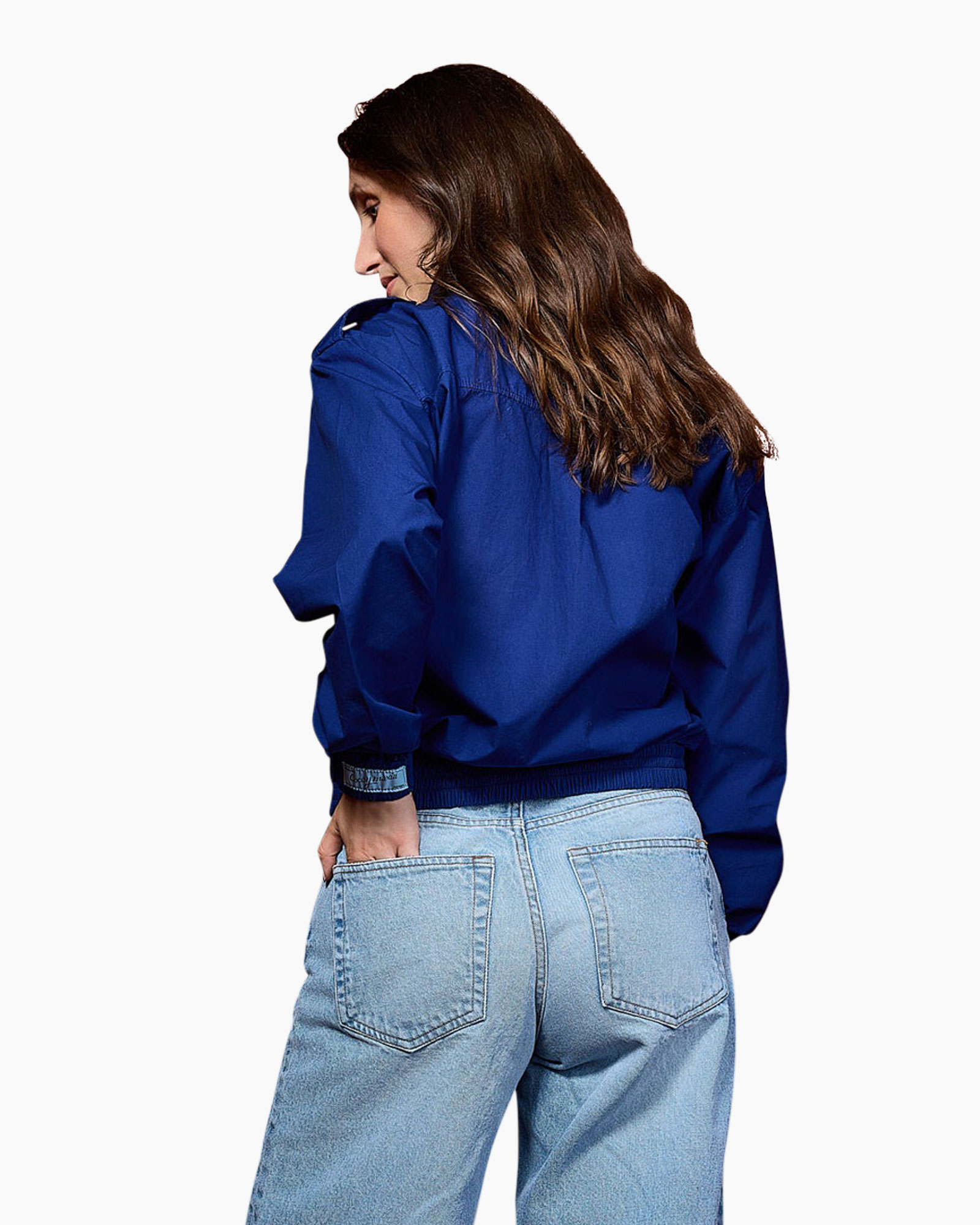 blue jacket, denim jacket, long sleeves, collared, waist belt