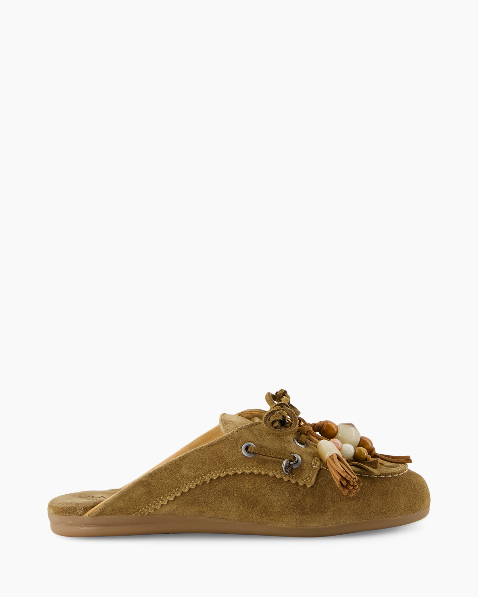 slipper, mule, suede, beige, beaded-ornament