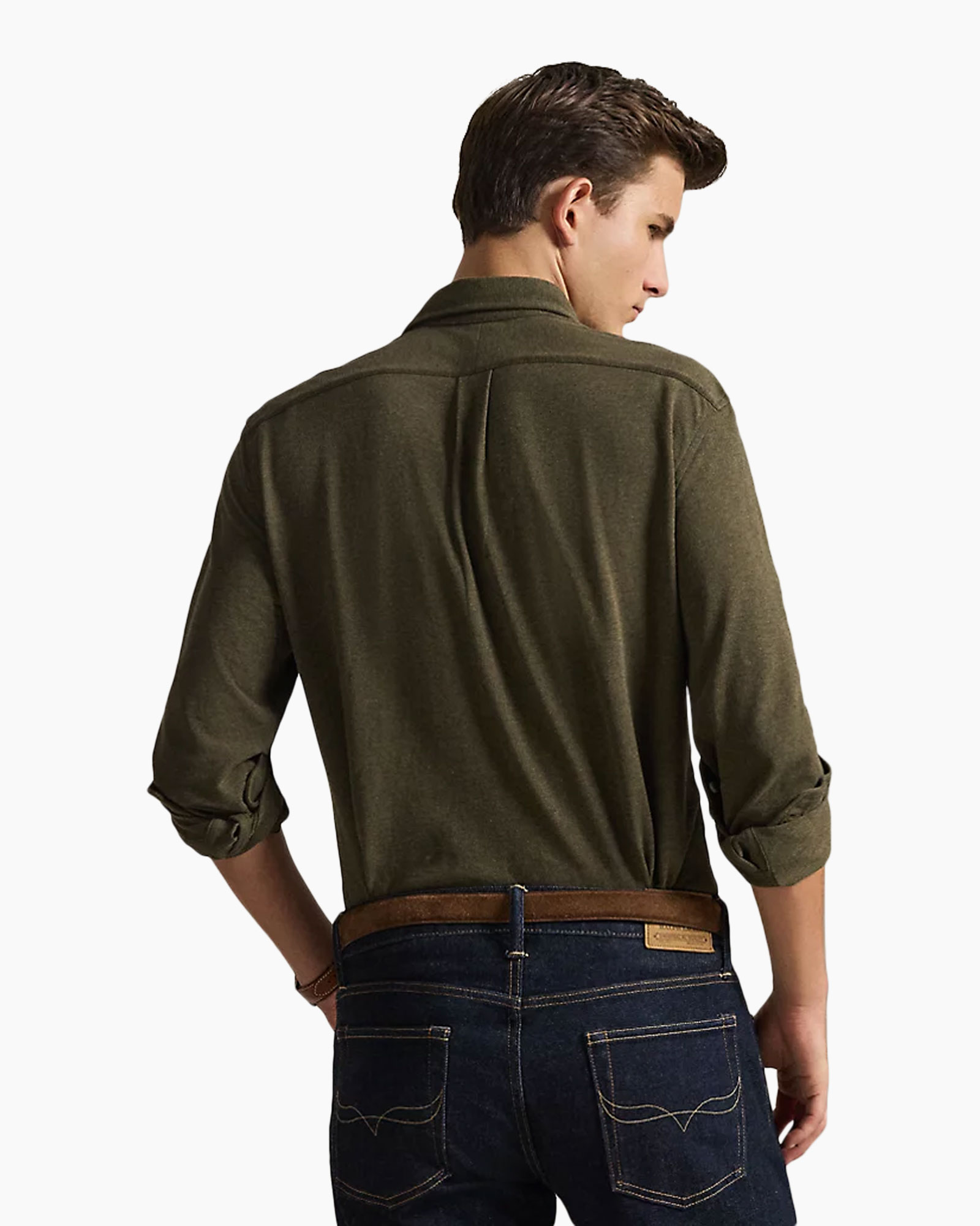 shirt, long-sleeve, olive-green, collar, jeans