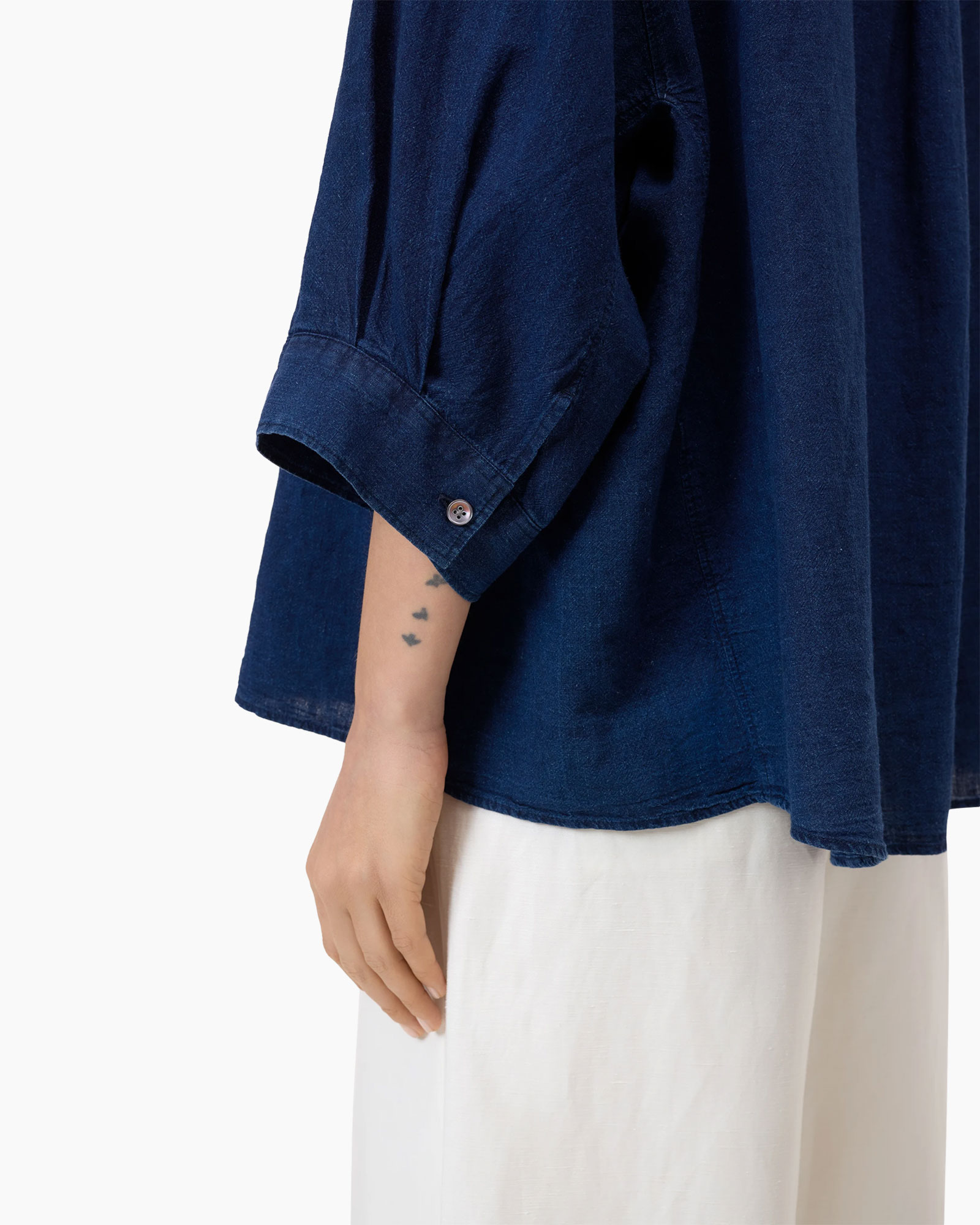denim, linen, long sleeve, rolled cuff, tattoo small