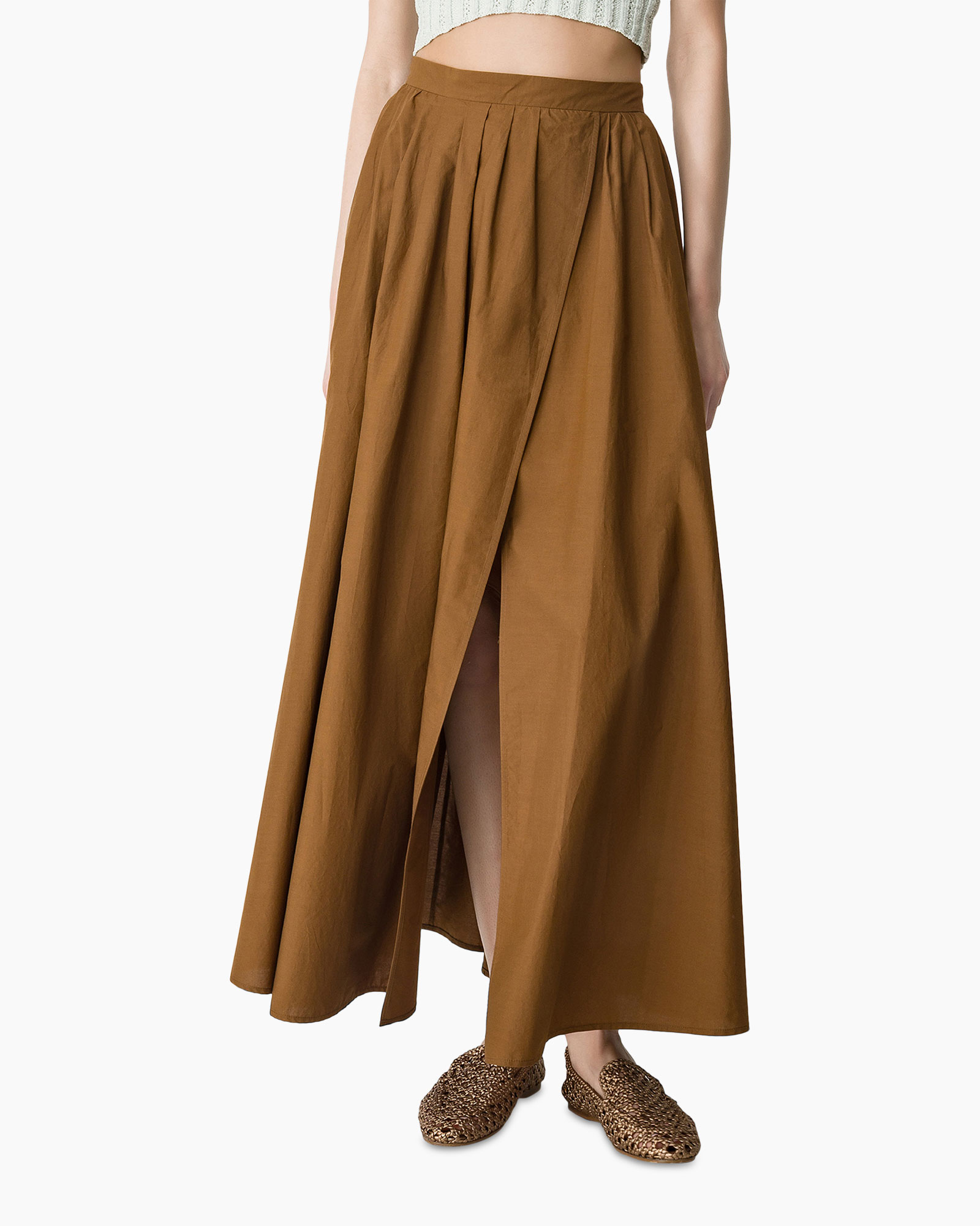 maxi skirt, brown, wrap slit, pleated, linen look