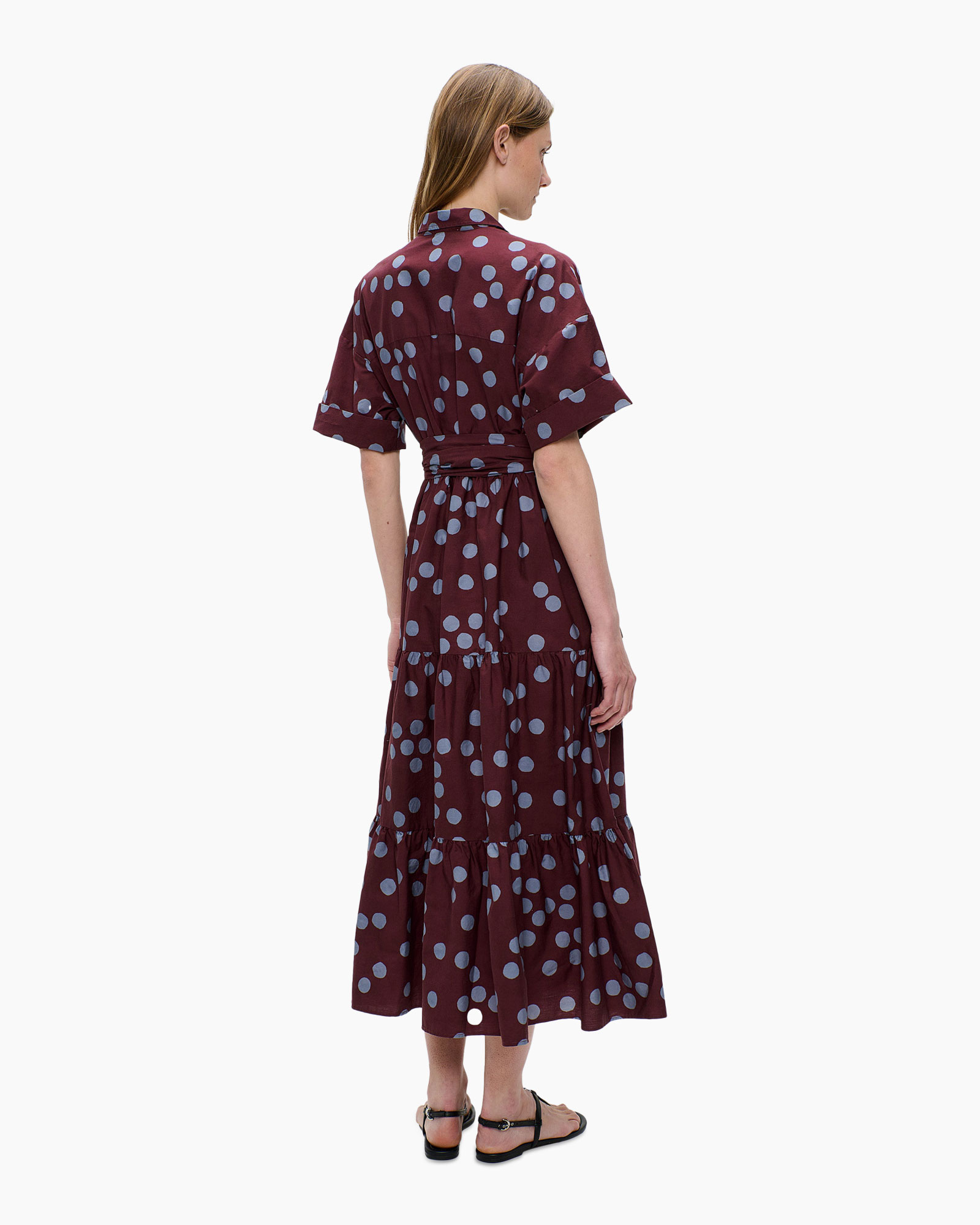 dress, polka dot, mid-length, belted, short sleeve