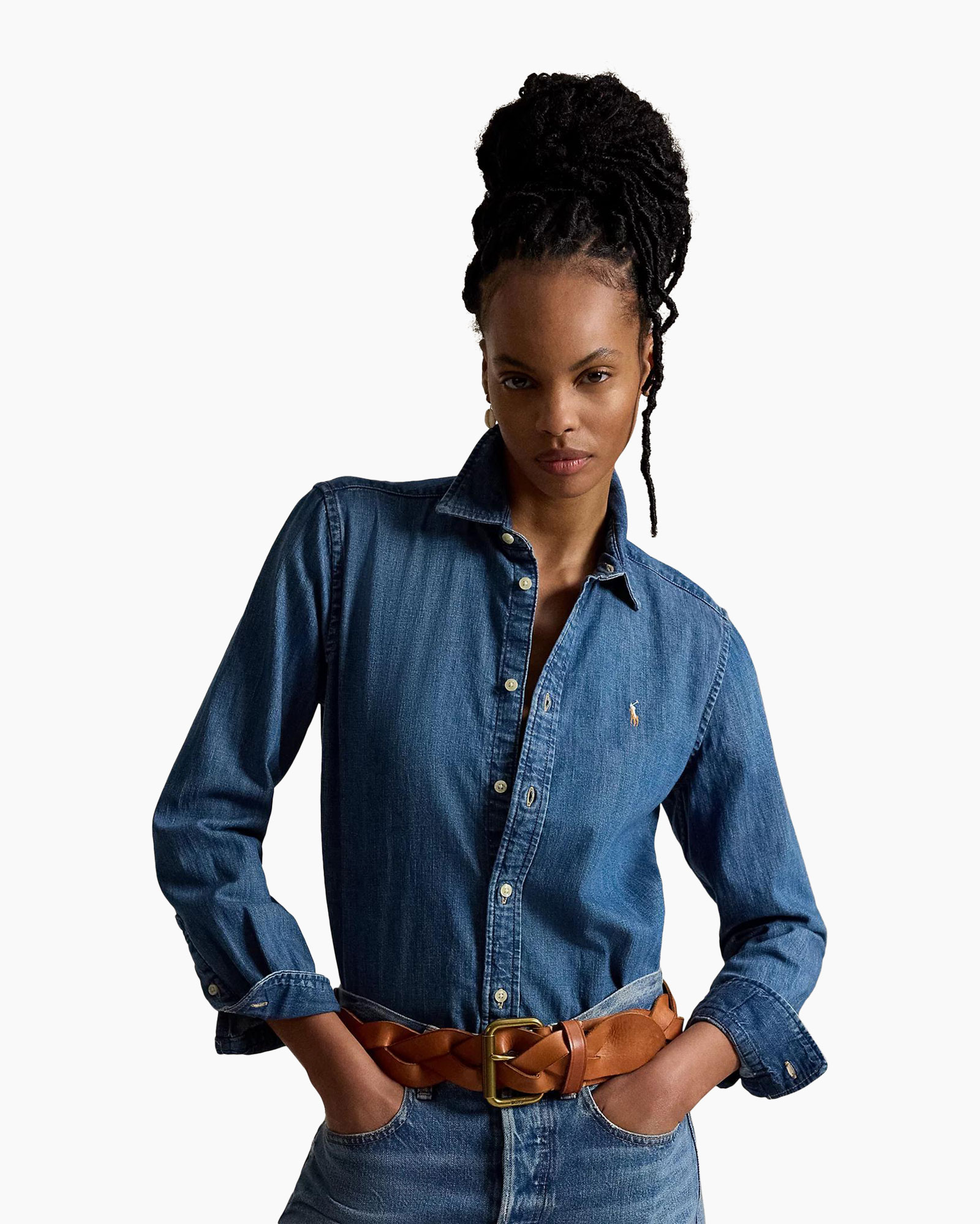 denim shirt, jeans shirt, long sleeve, button front, belted jeans outfit
