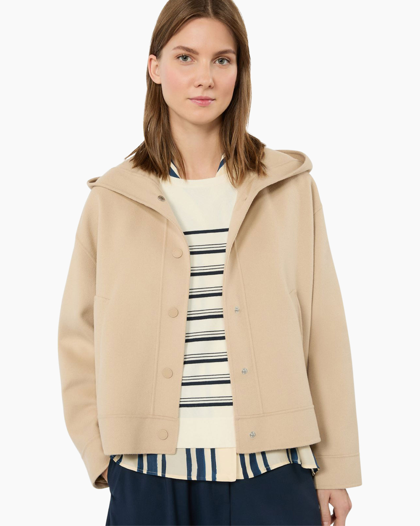 beige jacket, hooded jacket, layered look, striped sweater, cardigan alternative