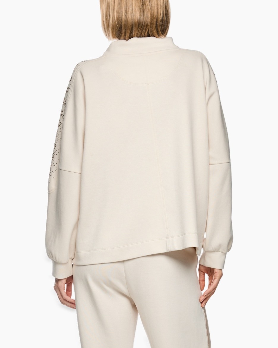 beige hoodie, lace paneled sleeves, drawstring hood, long sleeves, soft fabric