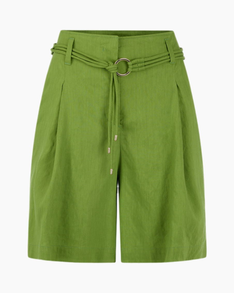 green, shorts, belted, linen, panelled