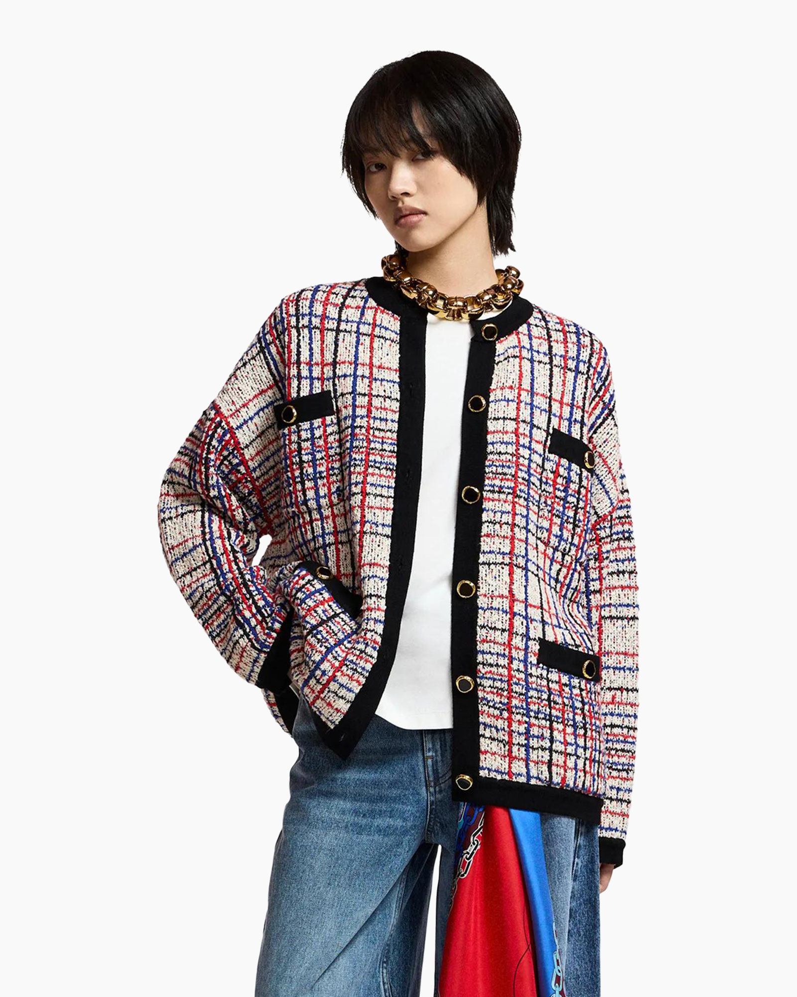 cardigan, tweed, plaid, black trim, gold buttons