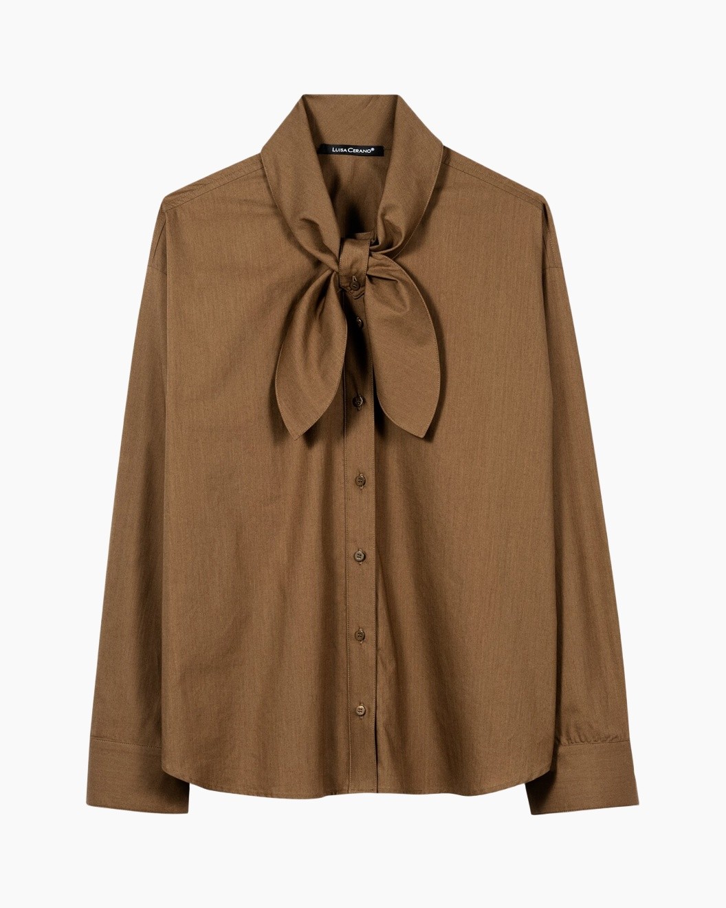 button-down, brown, blouse, tie-neck, long-sleeve