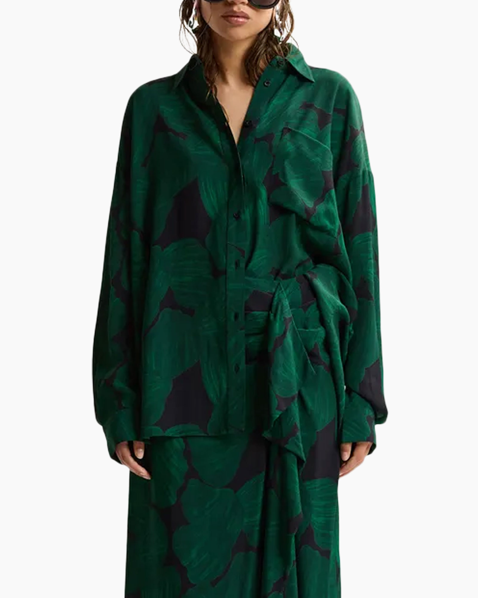 blouse, silk?, green blazer, camouflage pattern, long sleeve