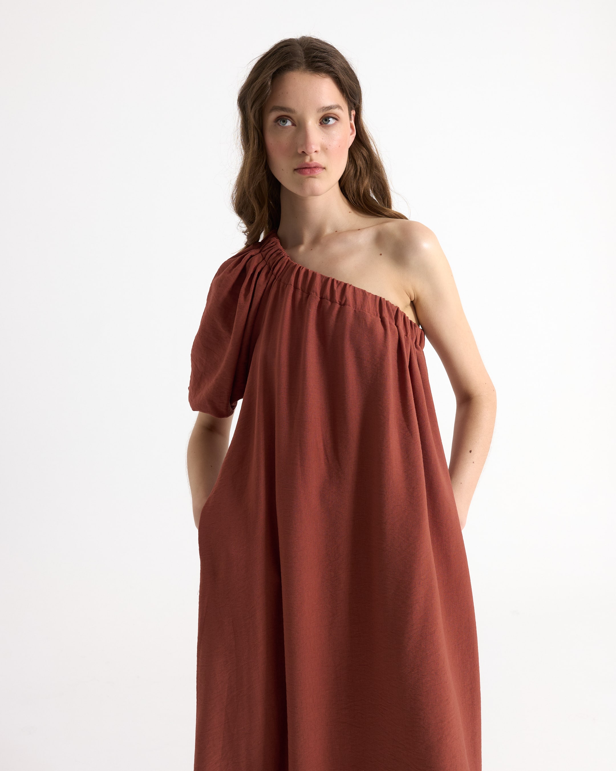 one-shoulder, rust, maxi-dress, linen-like, solid-color