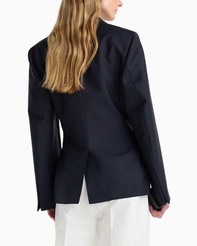 blazer, navy blazer, two-piece look, single button, long sleeve