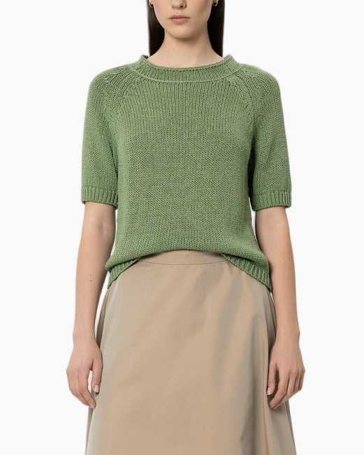 knit sweater, short sleeves, green, crew neck, pullover