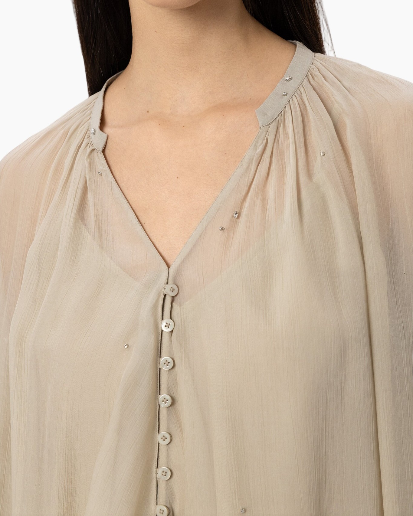 beige blouse, crinkle fabric, button placket, embellished neckline, v-neck