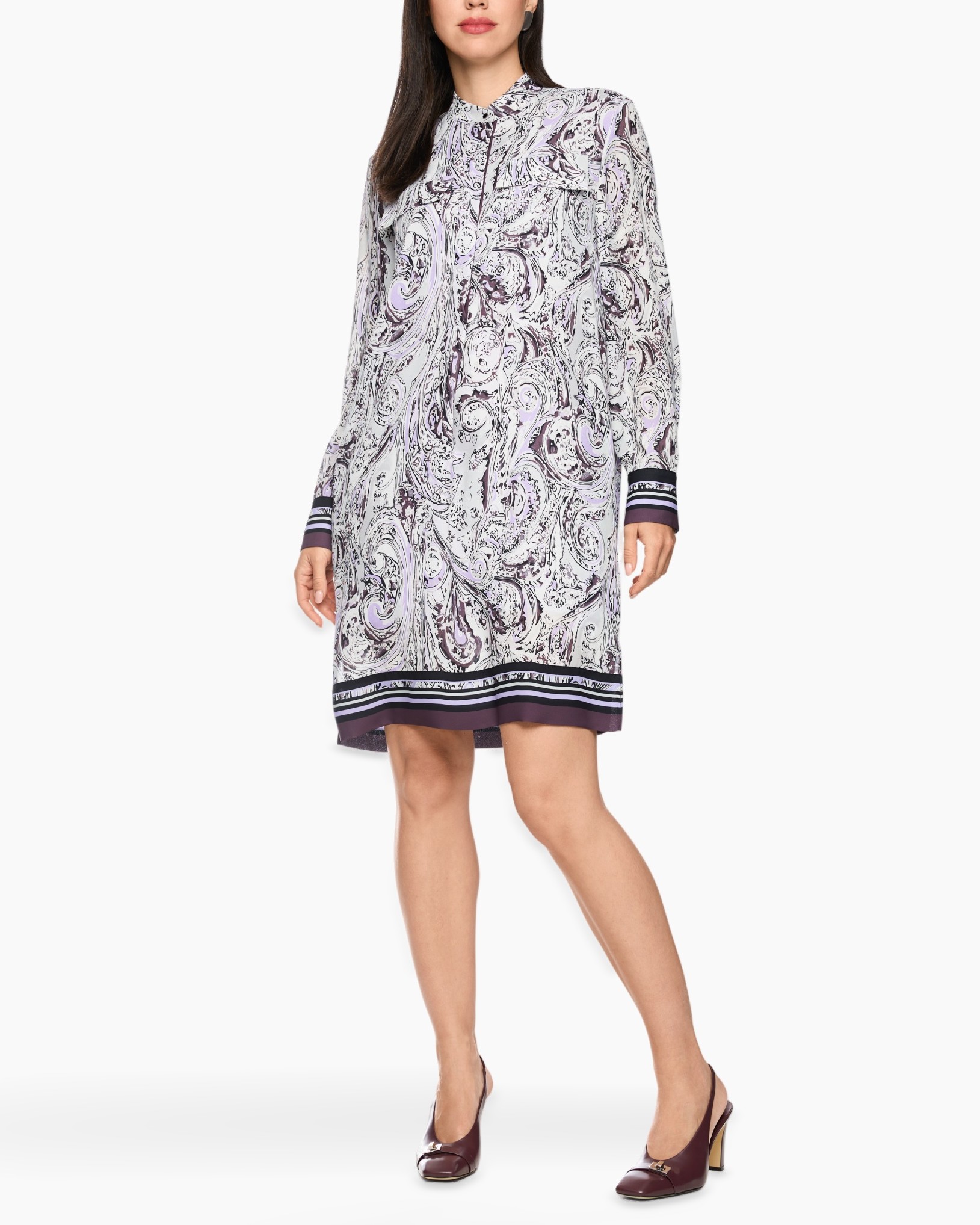 dress, paisley, long-sleeve, knee-length, patterned