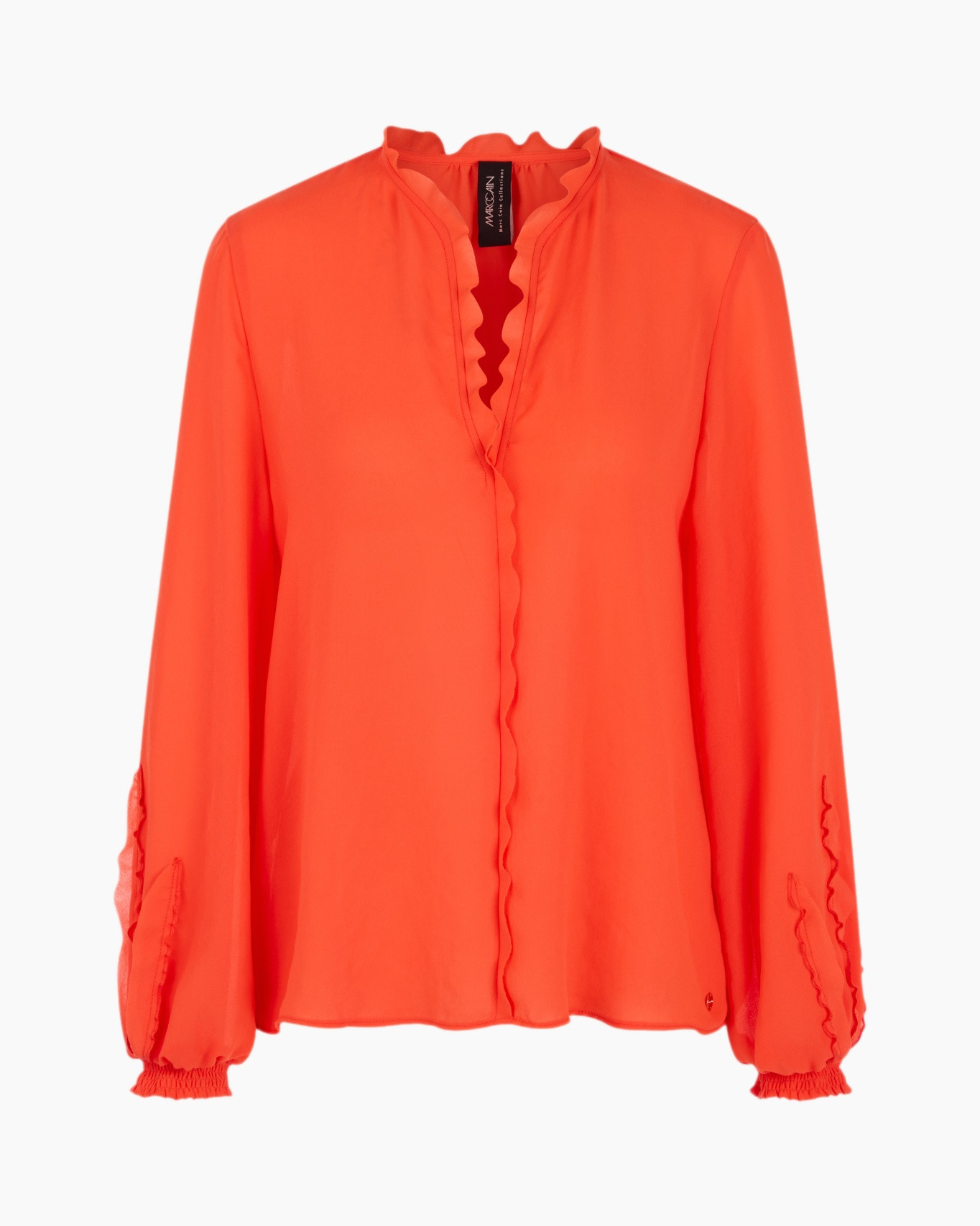 blouse, orange, long sleeves, ruffle, buttonless placket