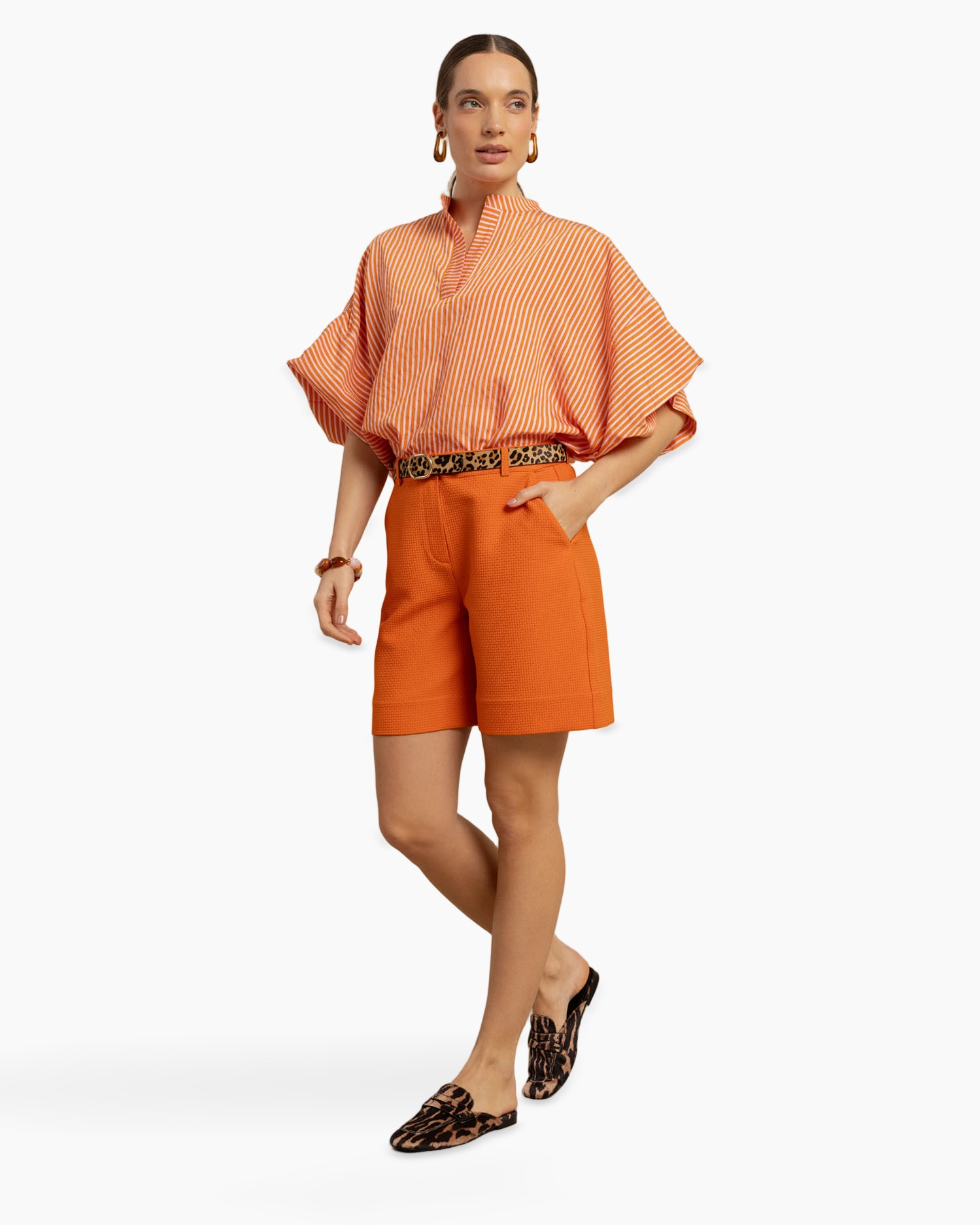 shorts, orange, linen, belt, mule shoes