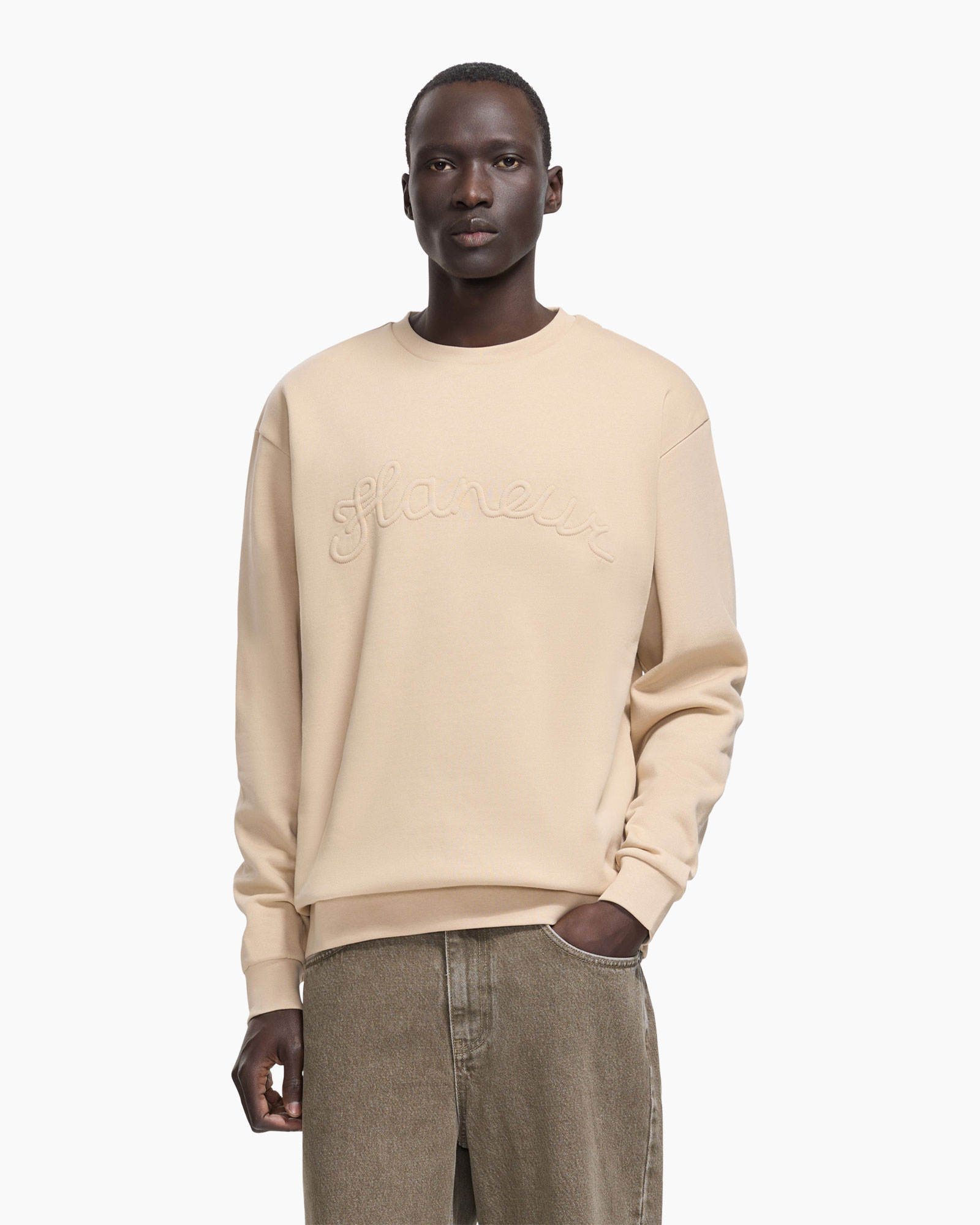 sweatshirt, beige, crewneck, embossed logo, long-sleeve