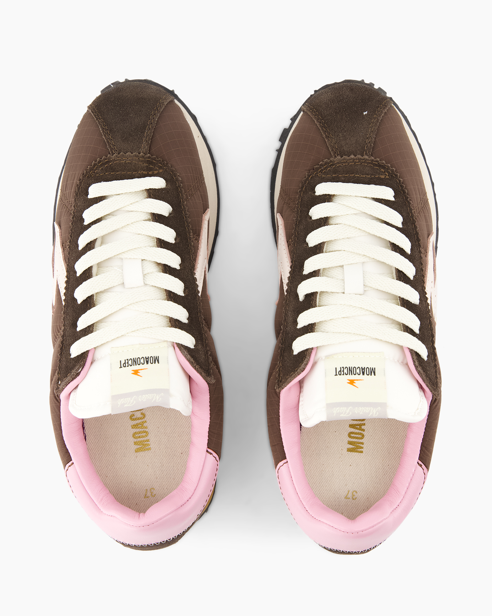sneakers, brown, pink, white-laces, canvas? leather?