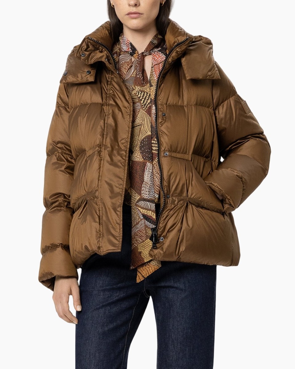 puffer jacket, brown, down, collar, zipper