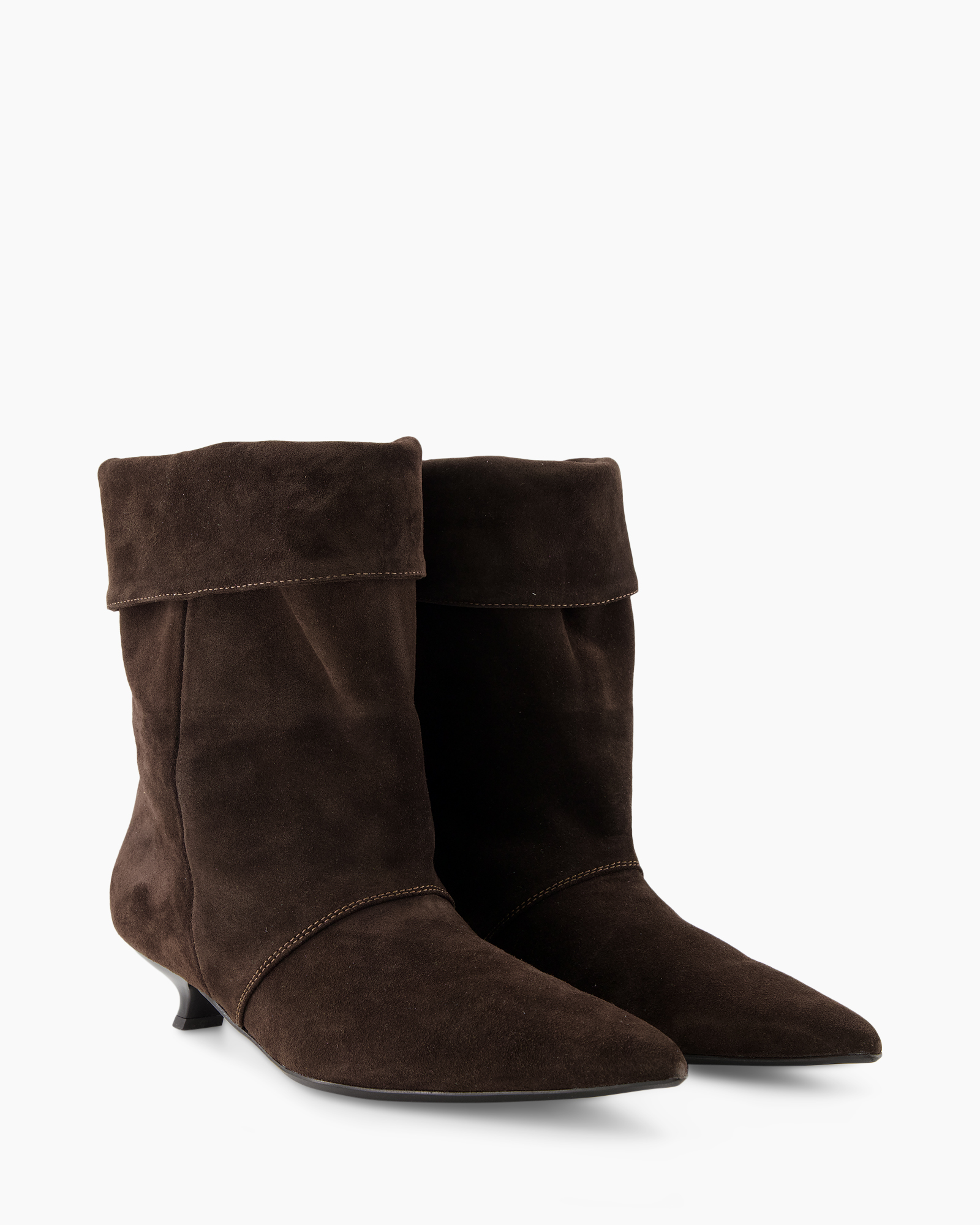 ankle boots, brown suede, mid heel, fold-over cuff, pointed toe