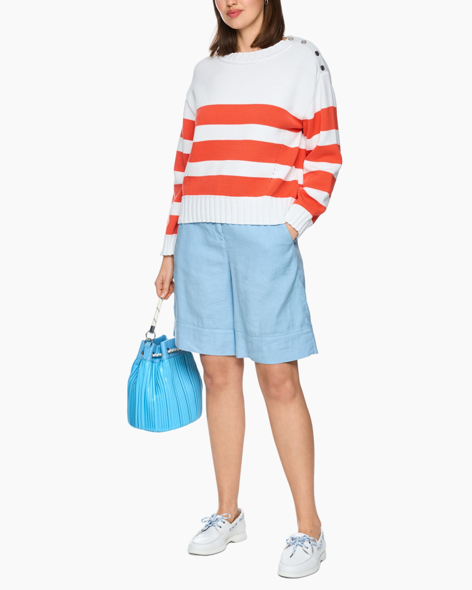 striped sweater, orange white stripes, crew neck, knit pullover, buttoned shoulder detail