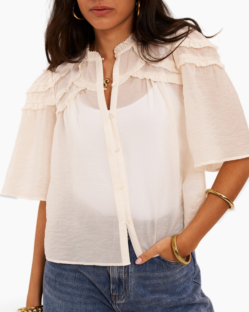 blouse, see-through, ruffles, short-sleeve, button-down