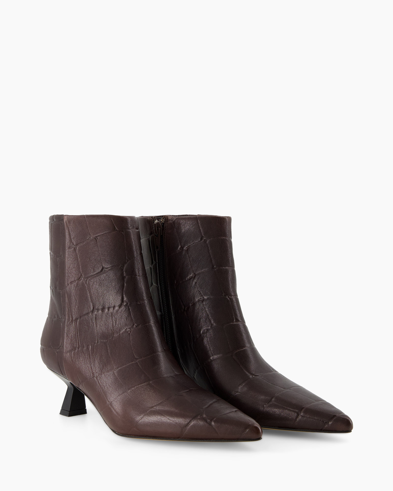 ankle boots, brown, croco-embossed, zipped side, heel