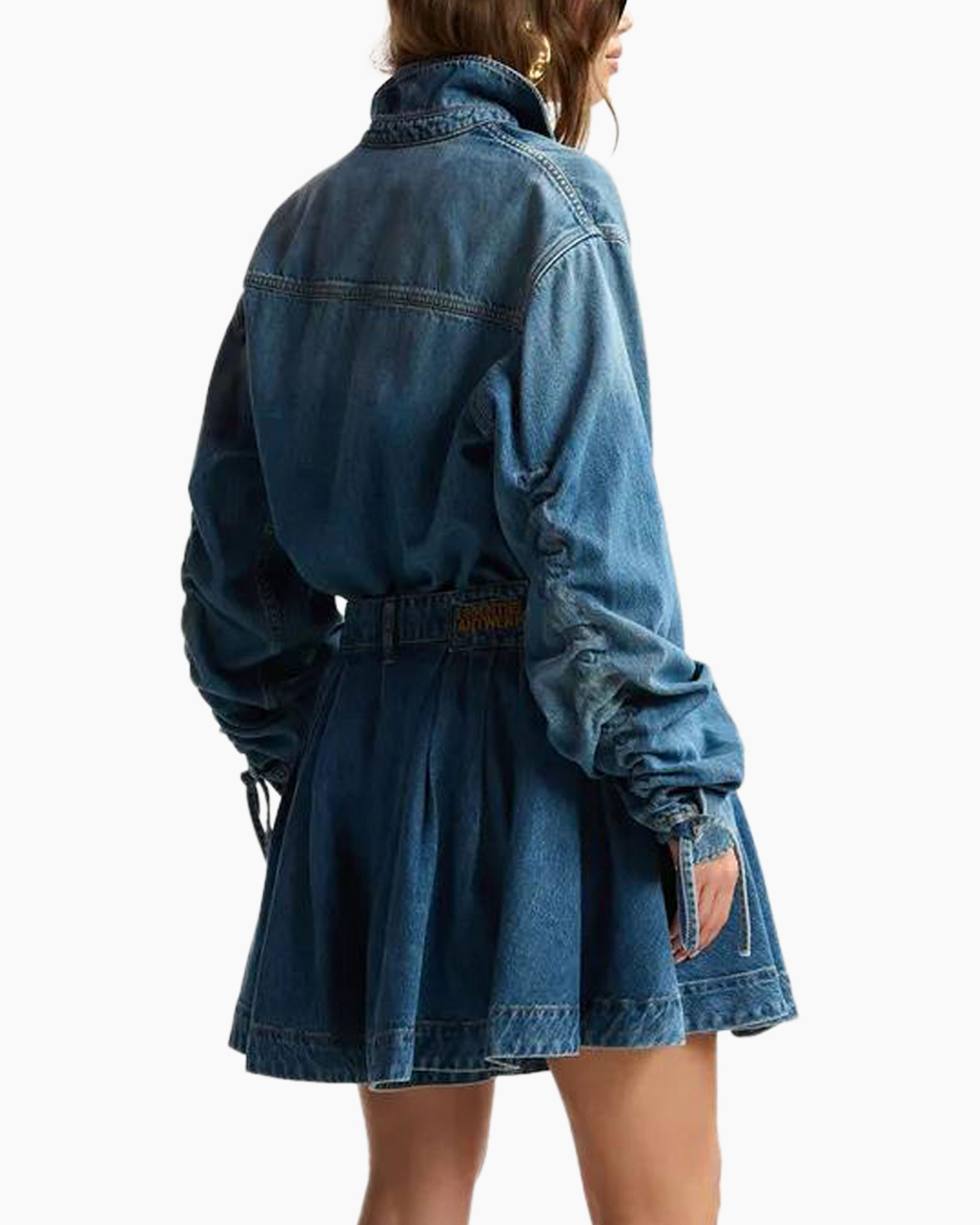 denim jacket, jean dress, belted, hooded? no, long sleeves