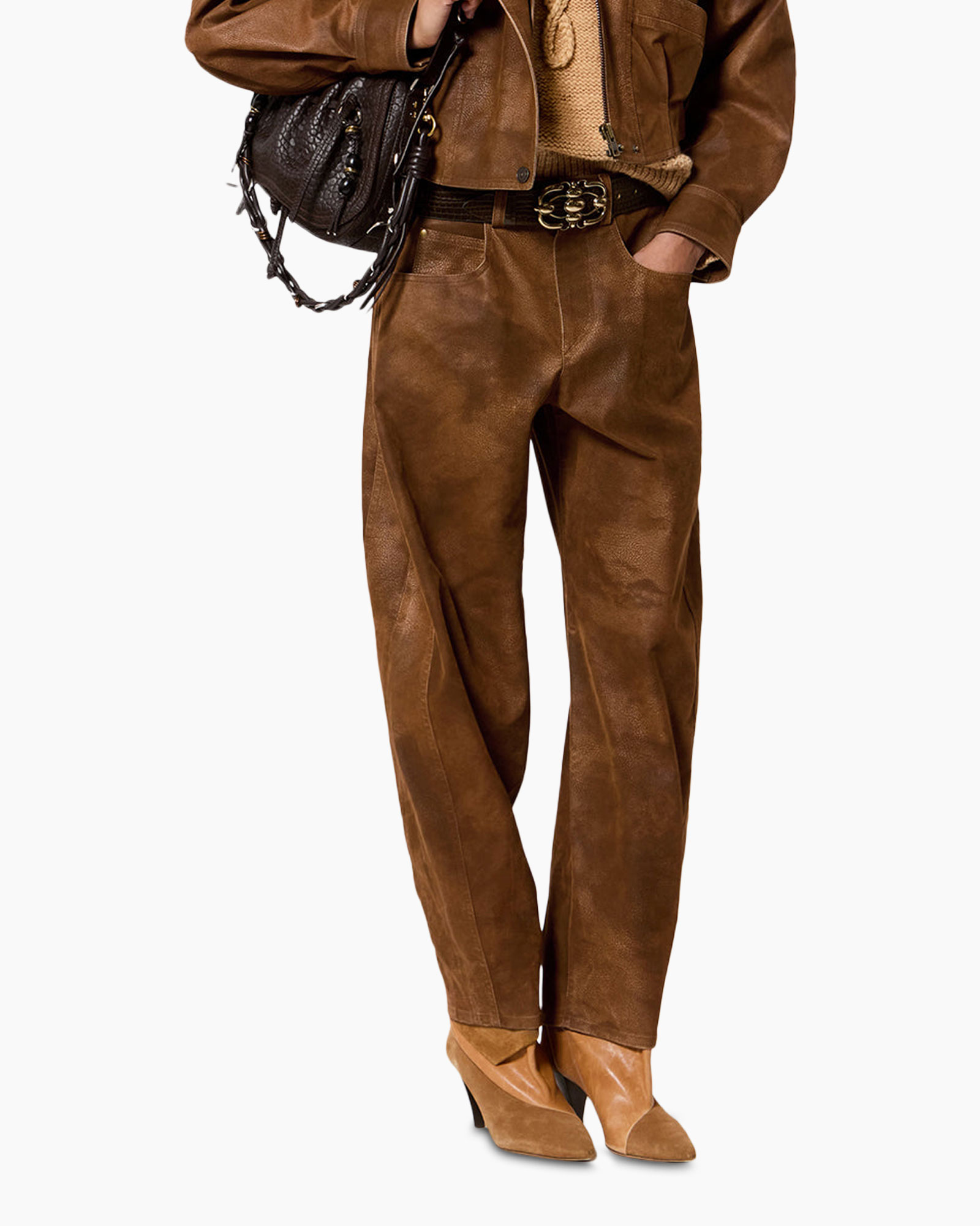 brown, leather pants, wide-leg, ankle boots, belted, caramel brown, fashion ensemble