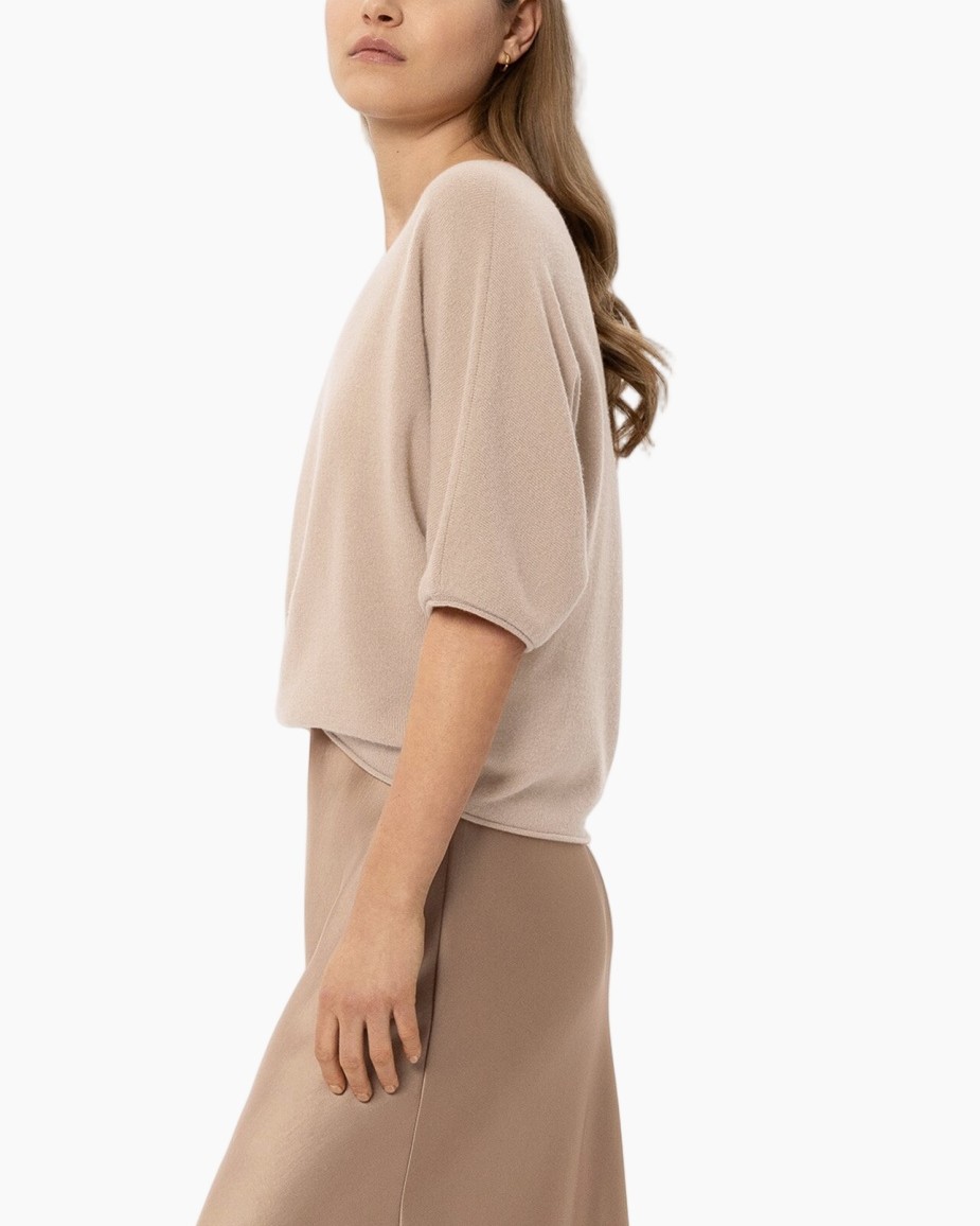 beige top, short sleeve, knit top, women's top, soft texture