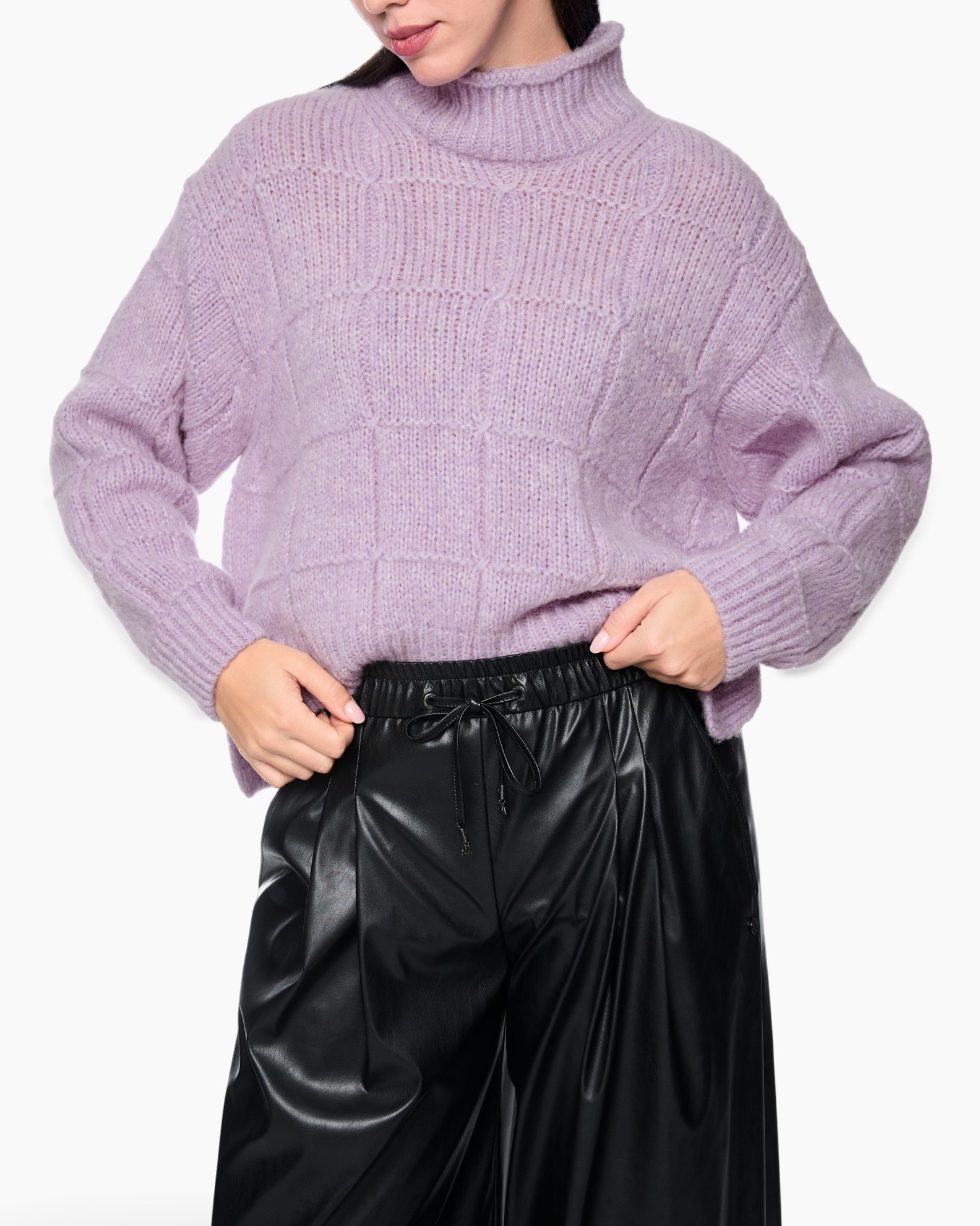 turtleneck, knit sweater, lavender, cropped fit, loose sleeves