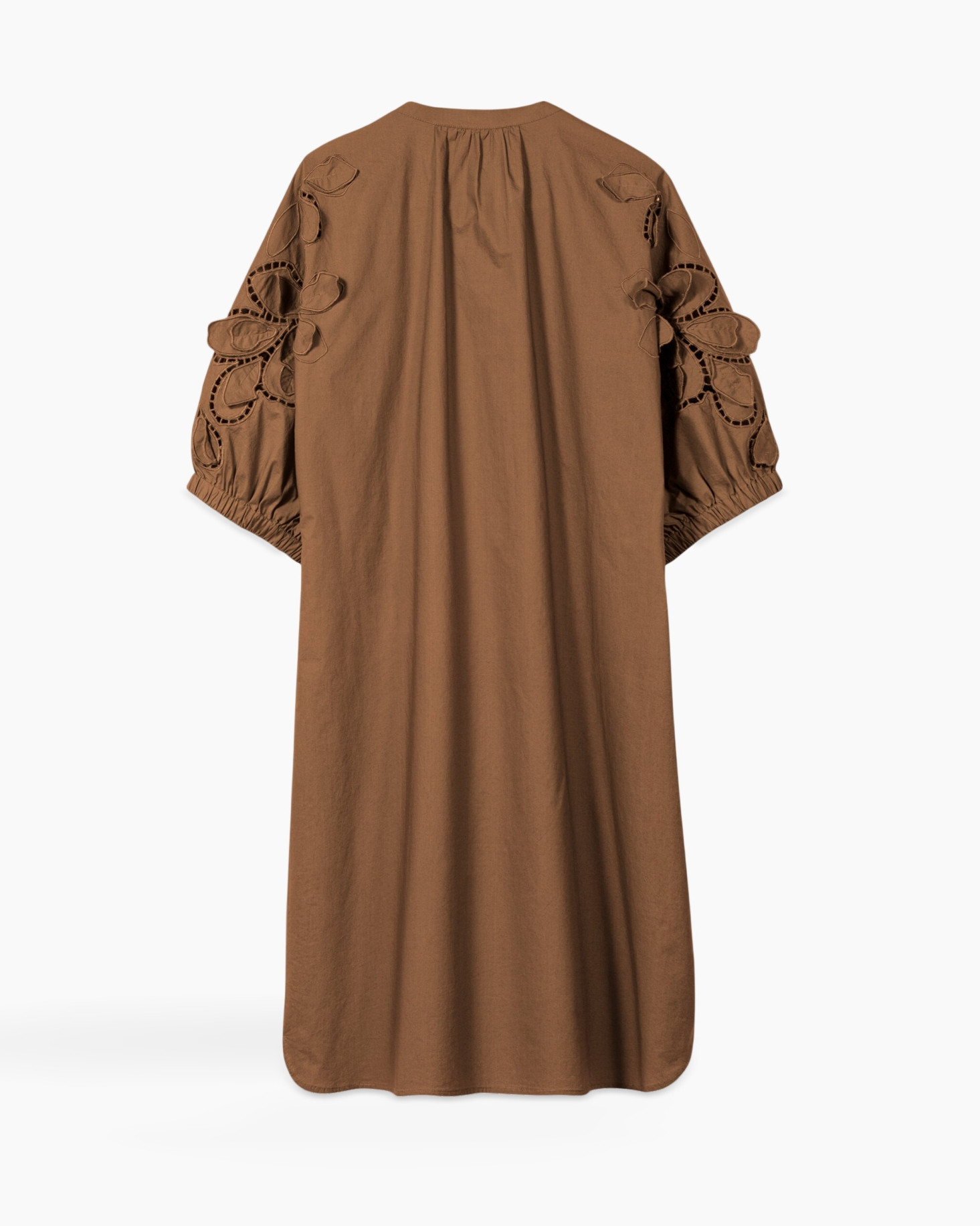 dress, brocade, embellished sleeves, loose fit, calculated brown