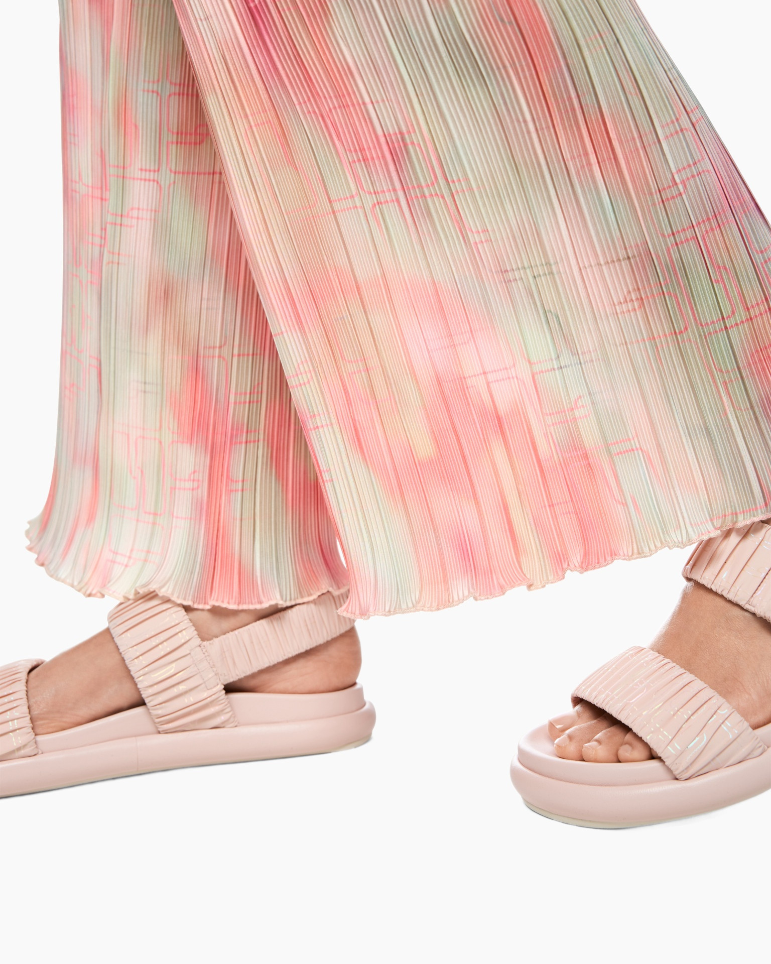 pleated skirt, pink gradient, soft pink, sandals, open toe