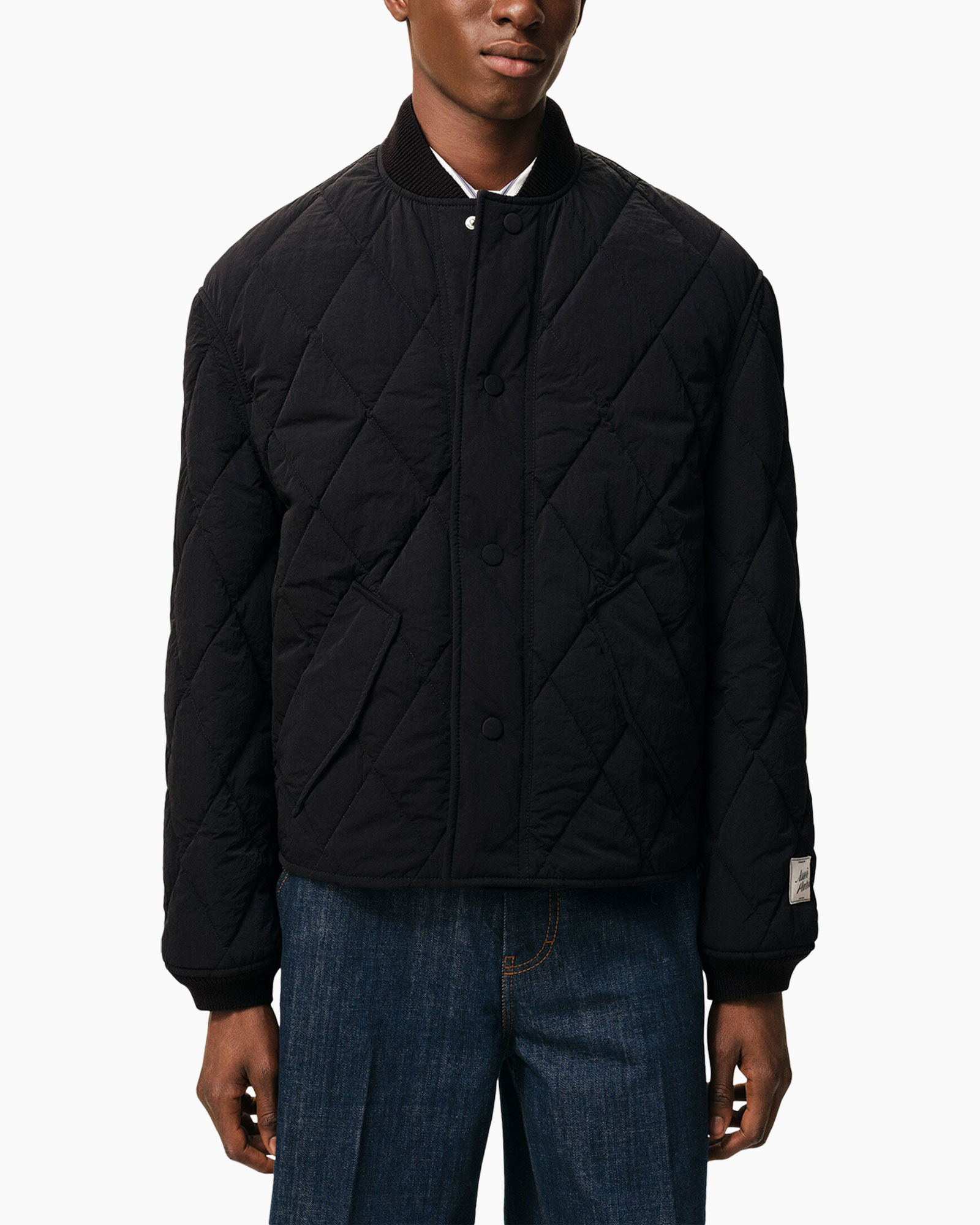 quilted jacket, black jacket, diagonal quilted, snap button, ribbed cuffs
