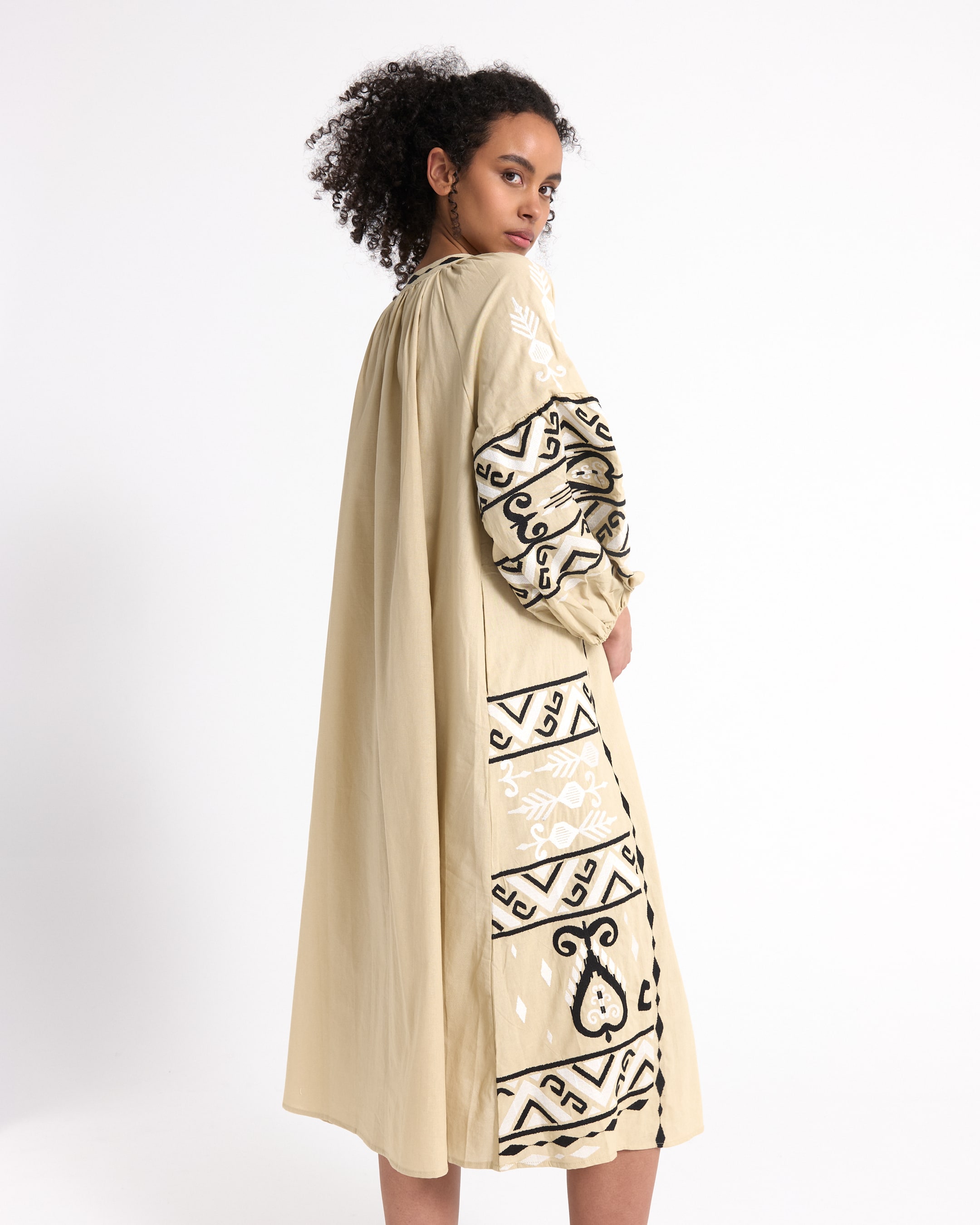 beige dress, embroidery, long sleeve, cowrie pattern, knee-length
