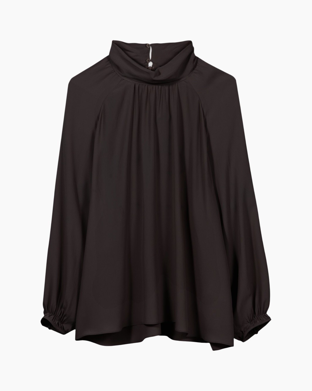 blouse, high neck, long sleeves, pleated, dark brown