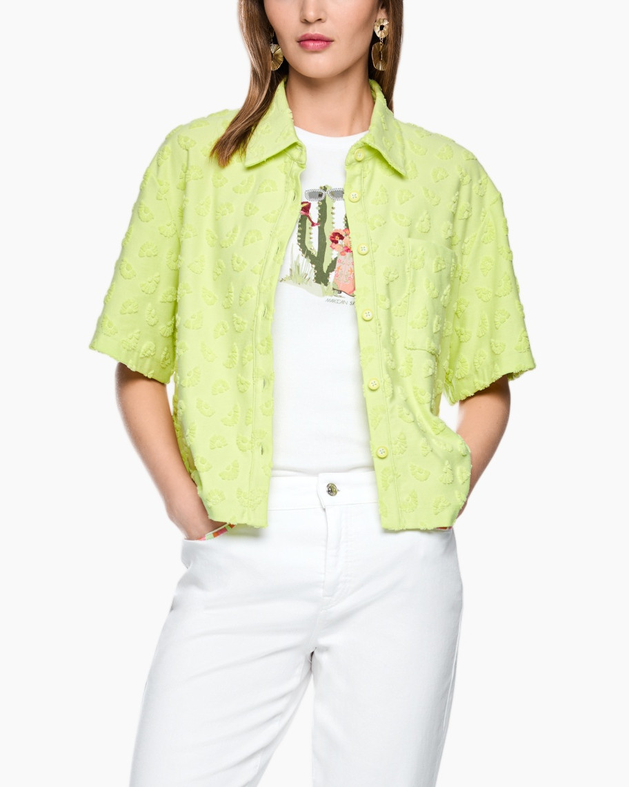 cardigan, short-sleeve, neon lime, textured fabric, button-front