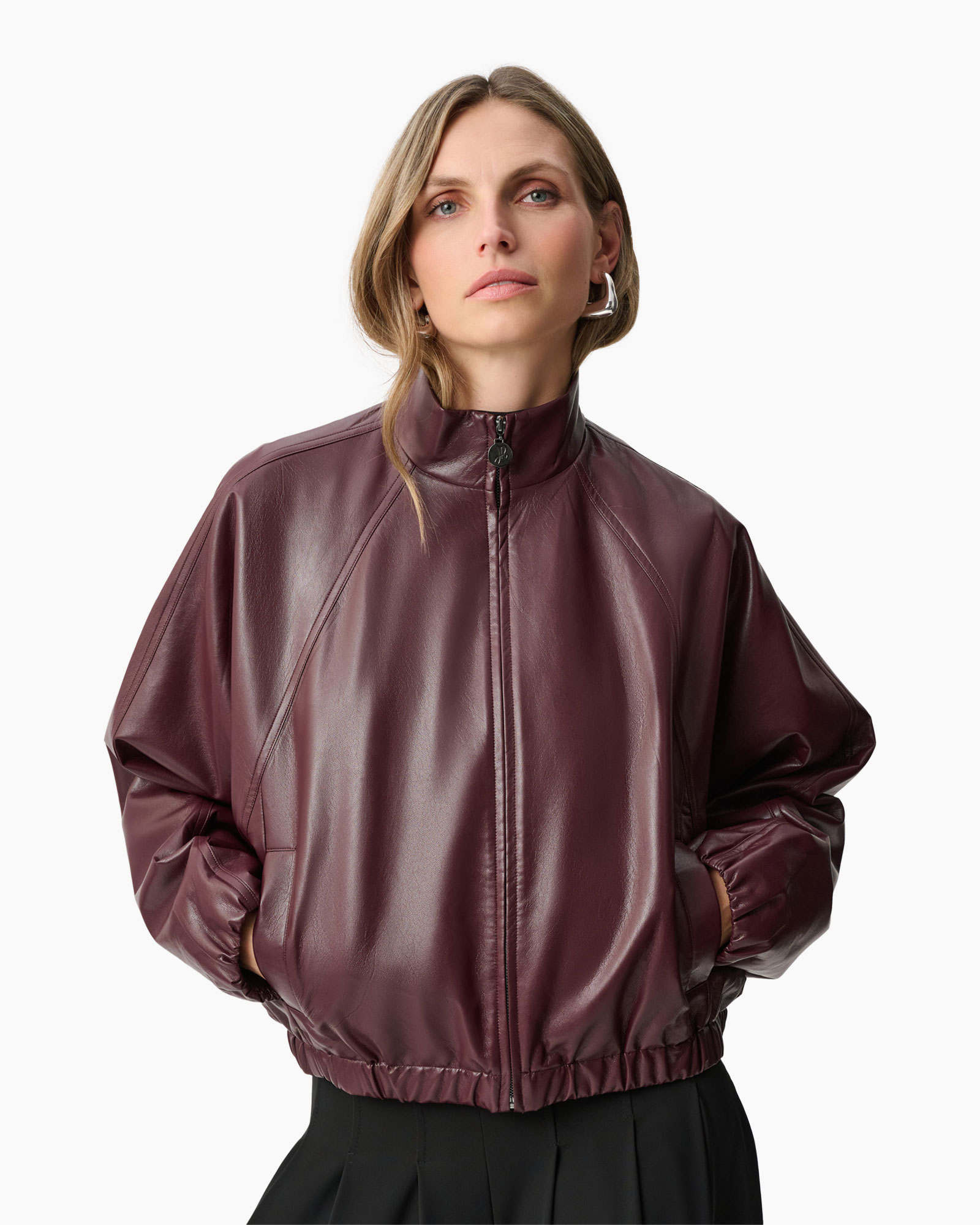 jacket, leather, burgundy, zipper, collar