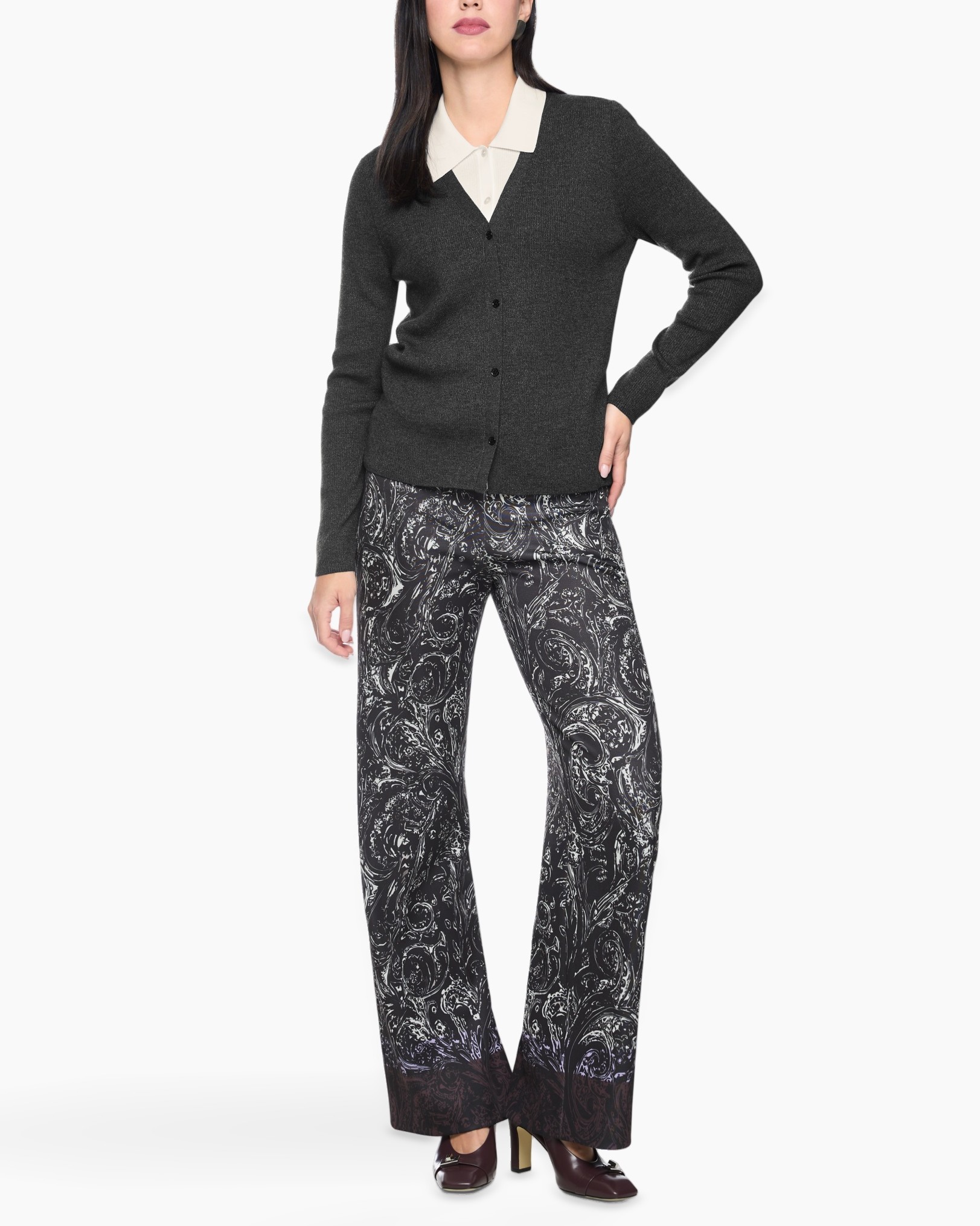 cardigan, collared, dark, knit, paisley-palazzo-pants