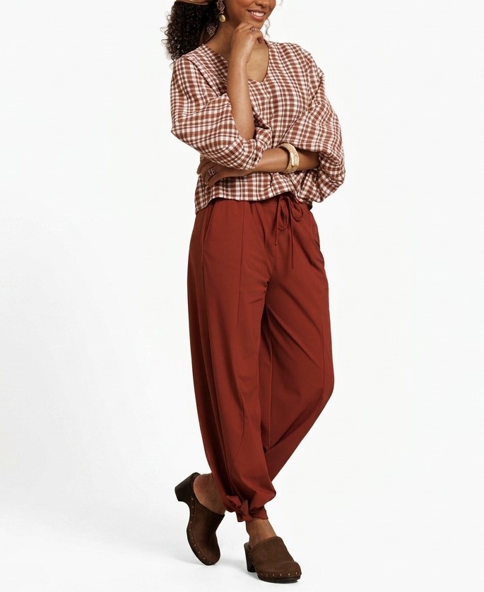 pants, drawstring, loose, rust, checkered top