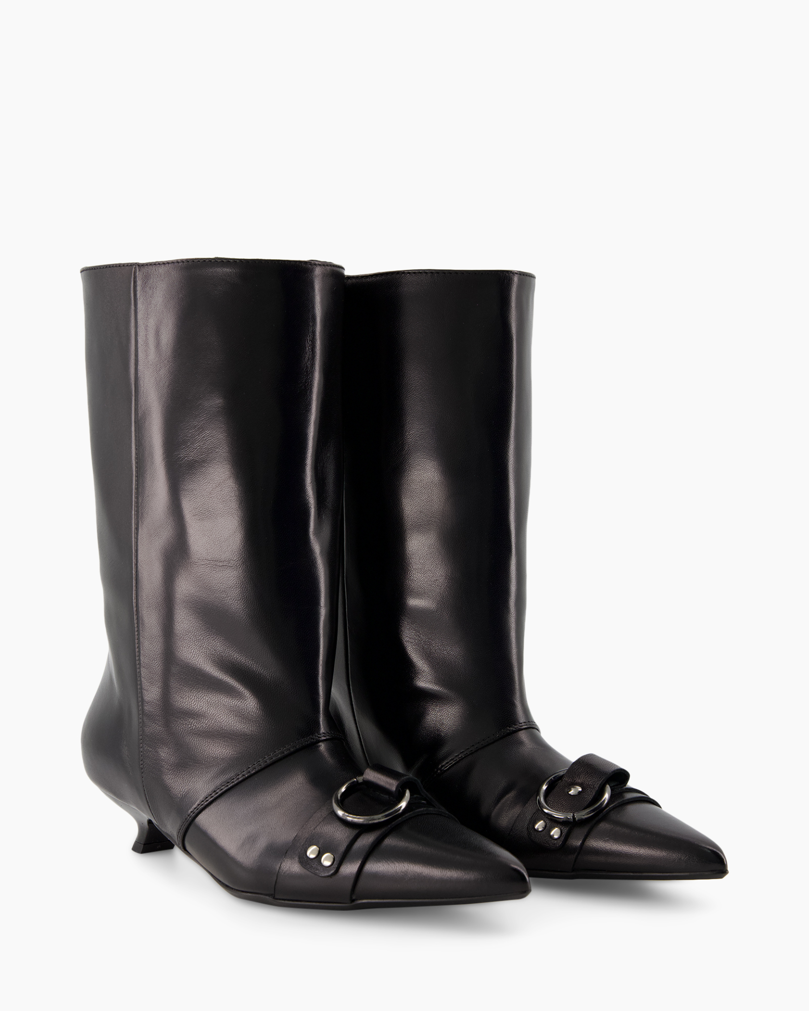 boot, mid-calf, black, leather, heel