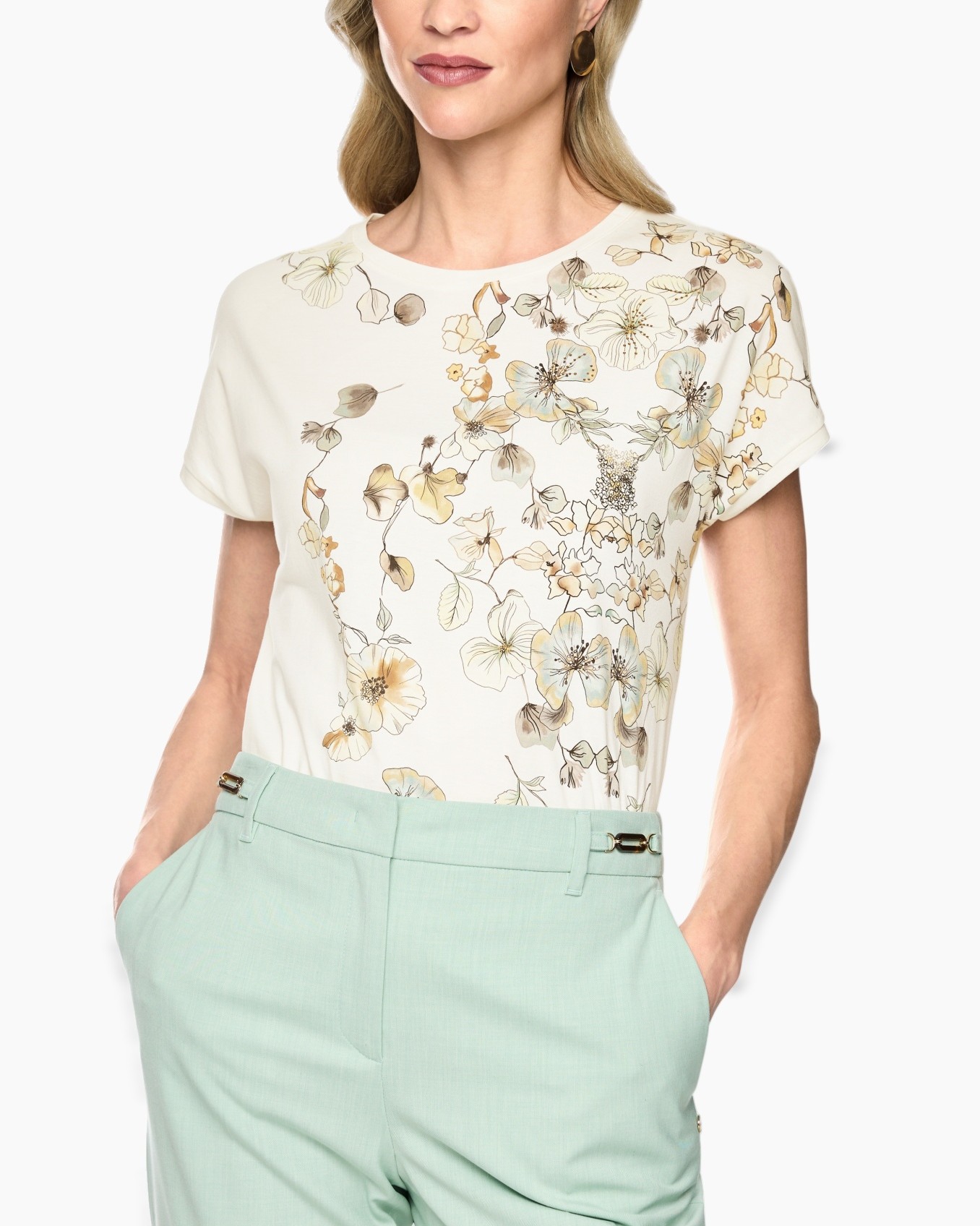 floral top, short sleeve, creamy white, printed blouse, pastel mint pants