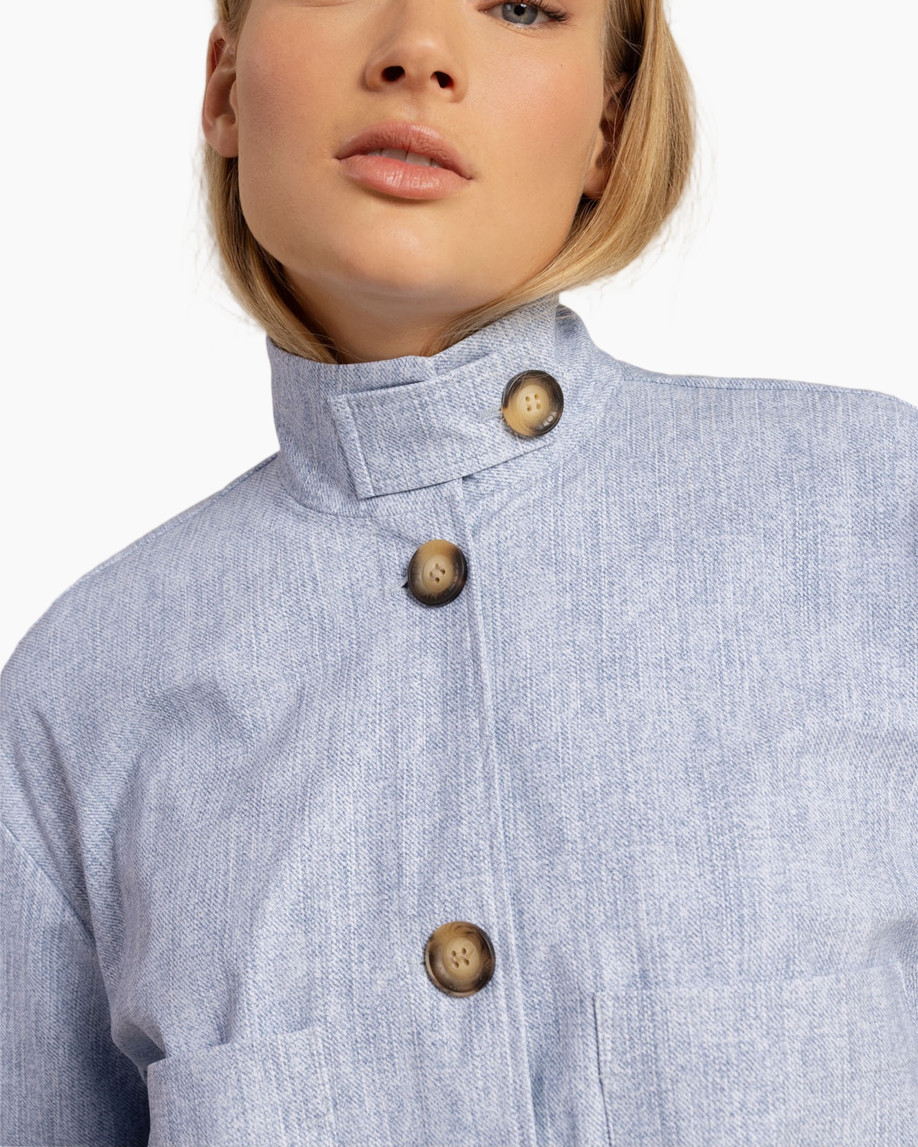 linen, coat, buttoned, collar, light blue