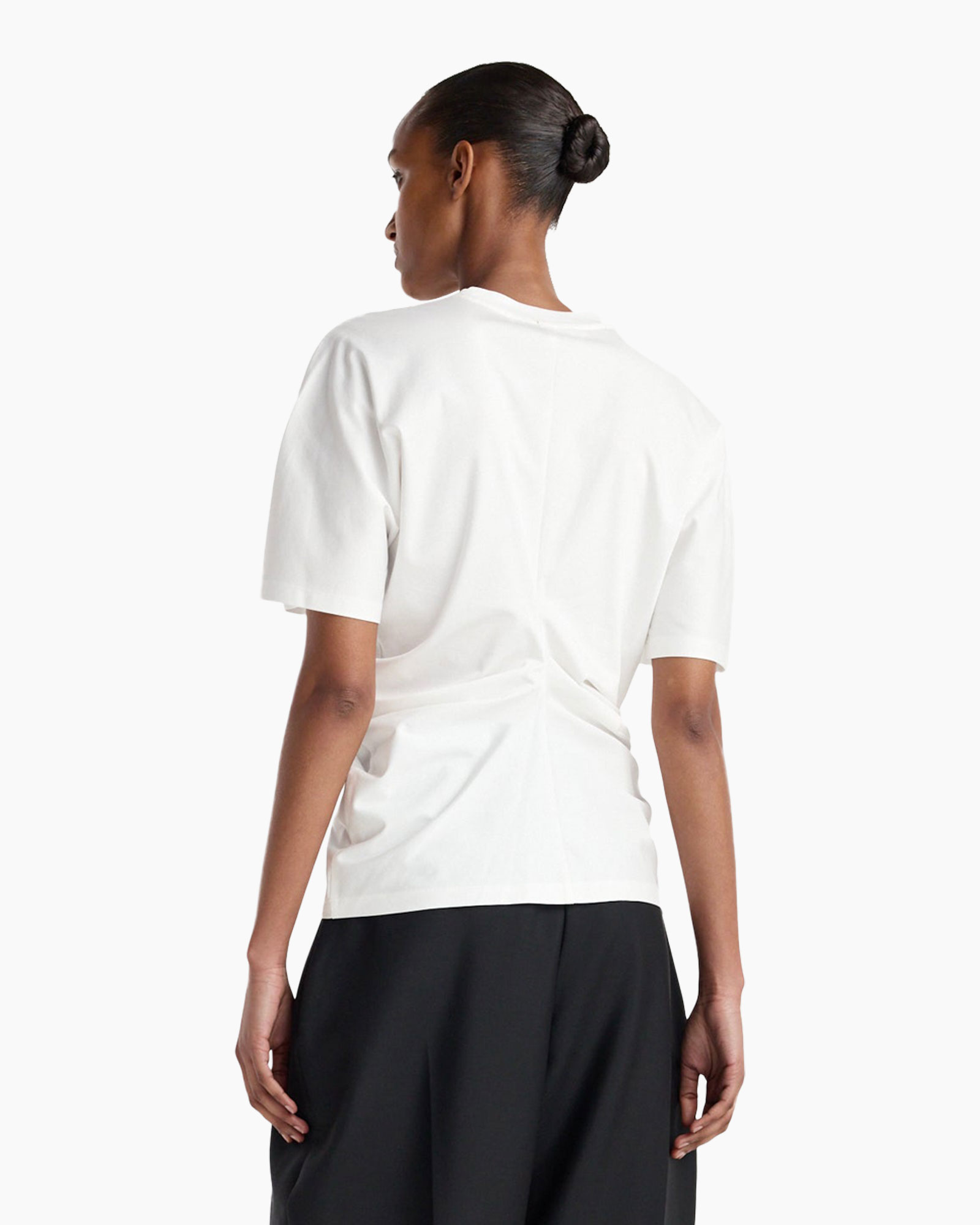 t-shirt, white, short sleeves, ruched side, knit? fabric